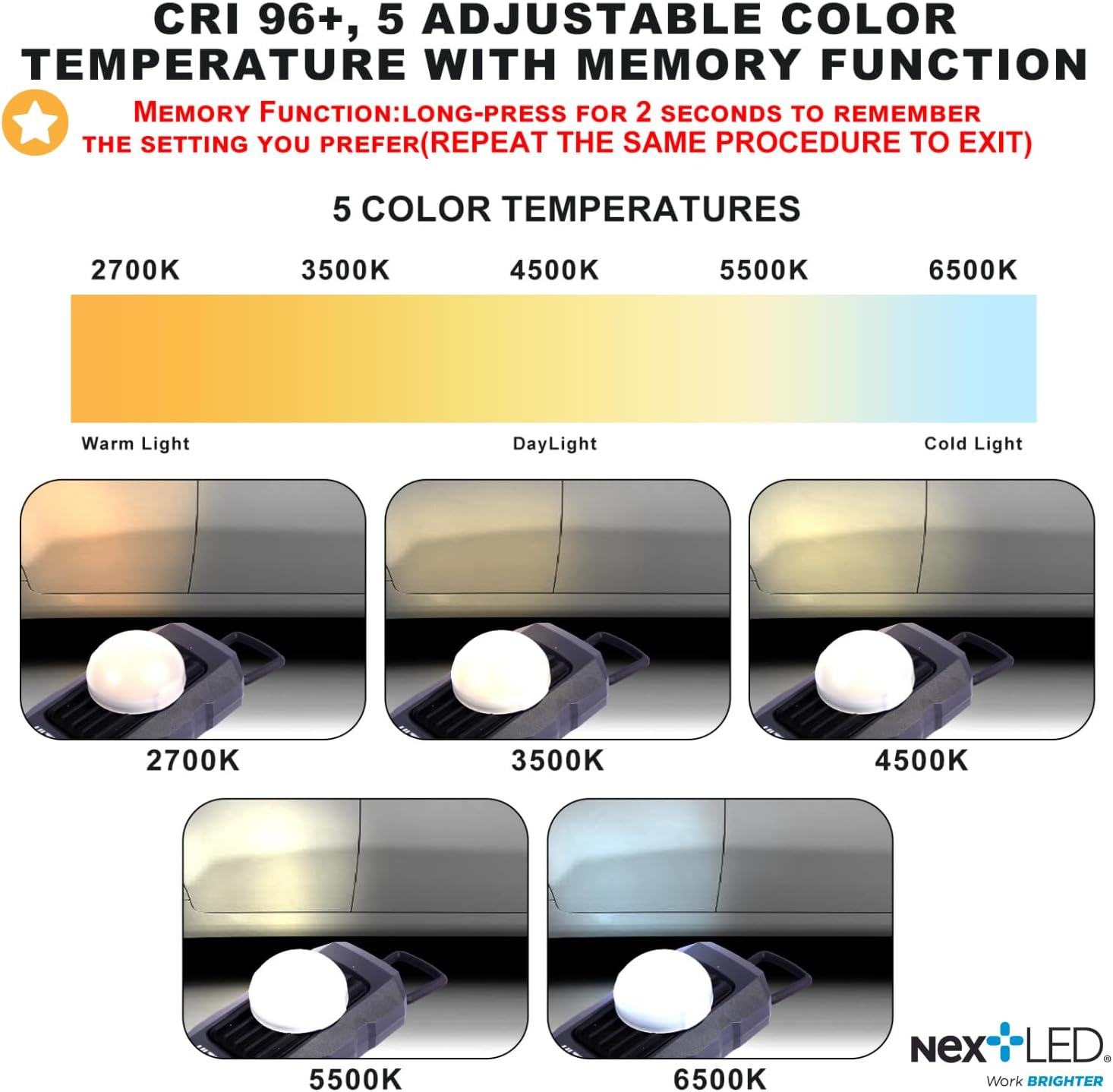 NextLED Ultimate NT-6692M Professional Rechargeable Auto Detailing Light, CRI 96+ Color Match & Paint Correction Light, 5 Color Temps, 500 Lumens, W/Light Diffuser, IPX6, 3-Year Warranty