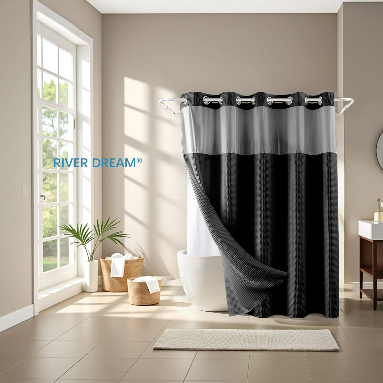 River Dream Black Fabric Shower Curtain Set, Cotton Blend, Waffle Weave, with Snap in Replacement Liner，71 x 74 inches