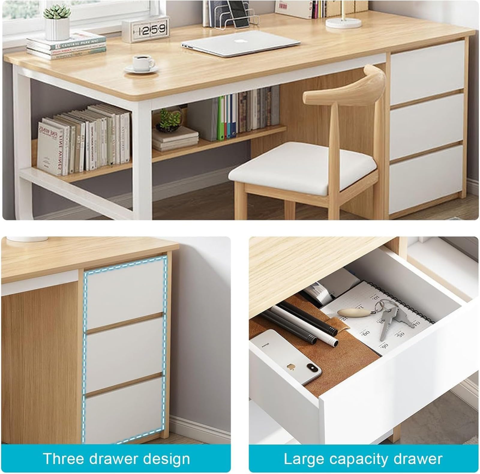 Scrivania per Computer in Stile Moderno E Semplice, con 3 Cassetti, Tavolo da Scrittura Multifunzionale per Ufficio Domestico A,100CM