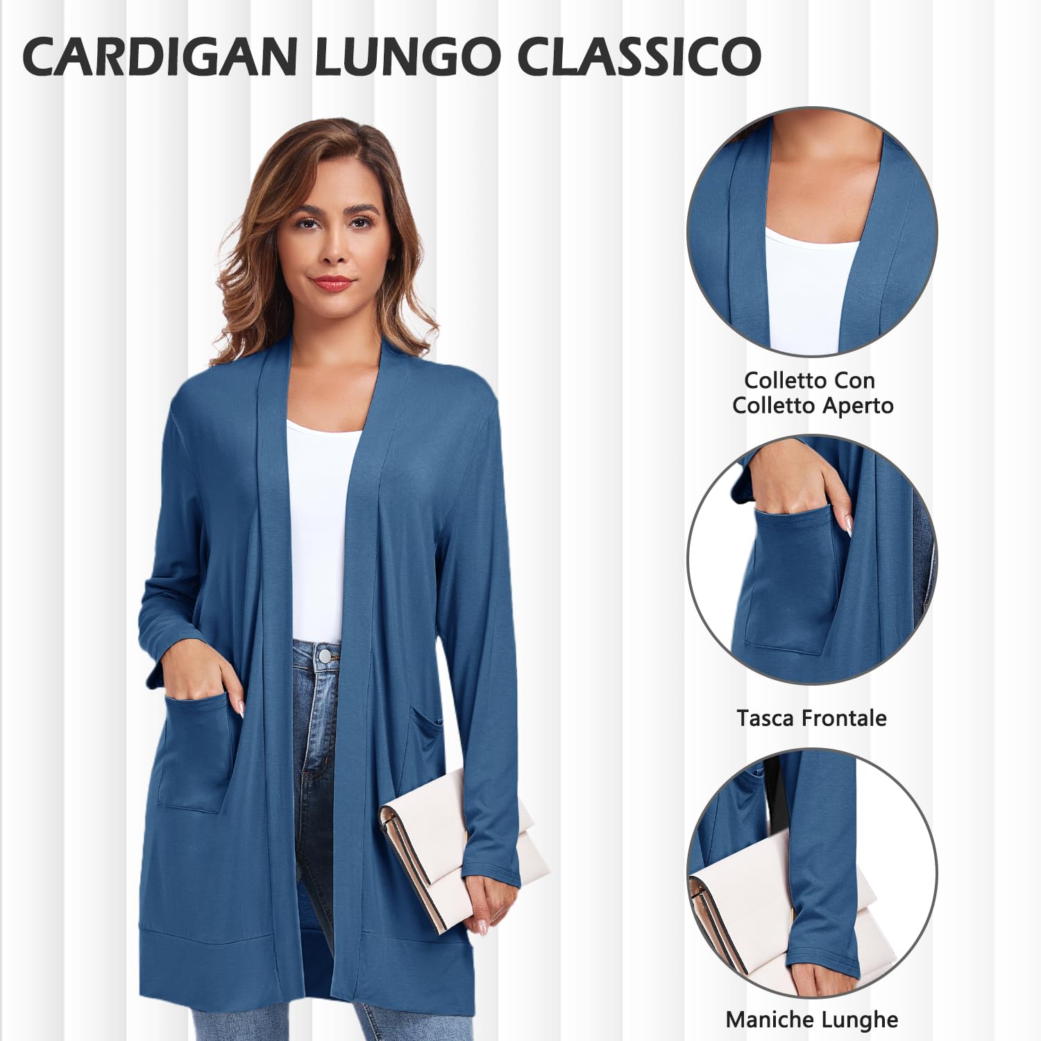 TownCat Cardigan Donna Lungo Casual Colore Solido Versatile a Maniche Lunghe Leggero con Tasca Comodo e Traspirante Elegante Aperto Cappotto Lungo