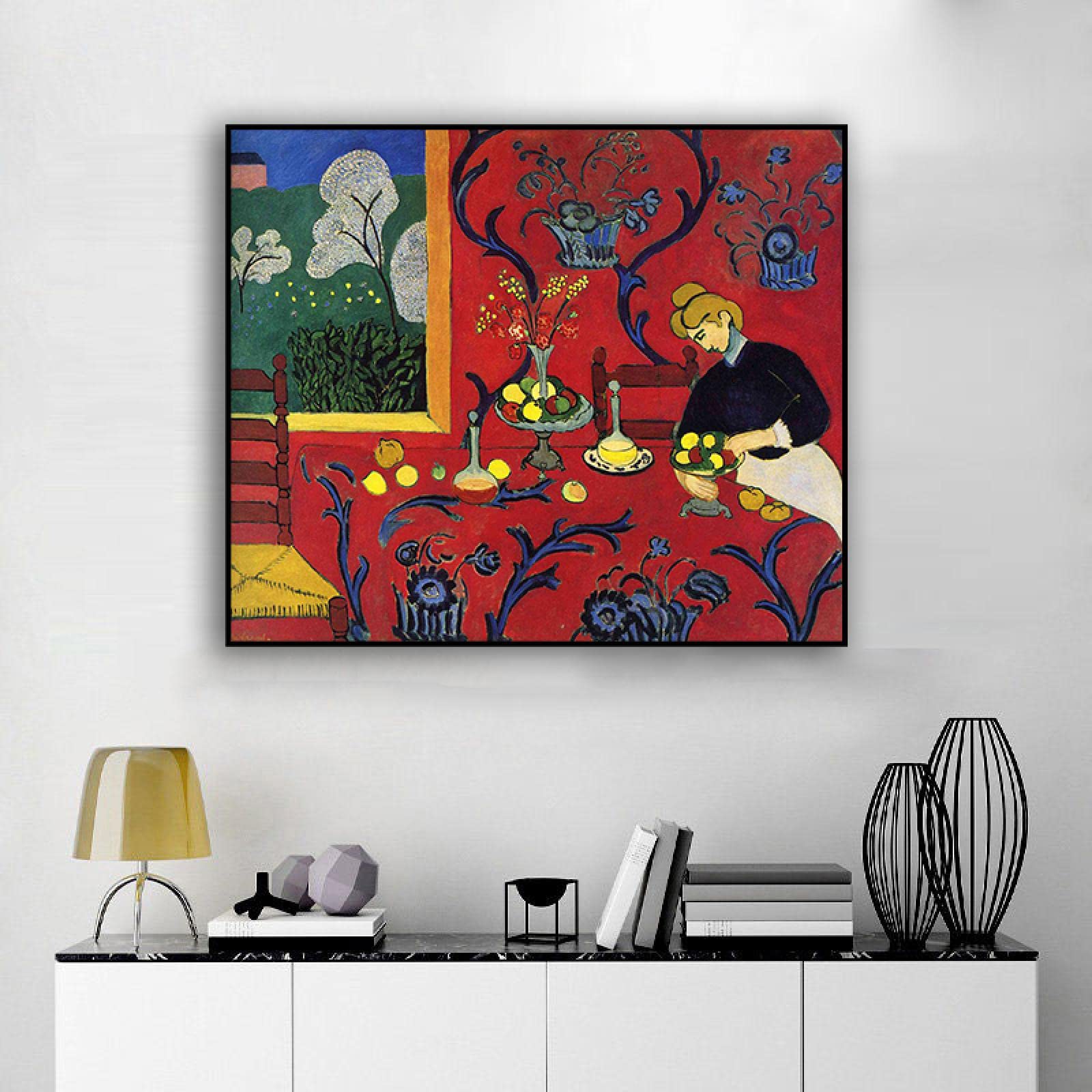 Oprawiony Henri Matisse - słynne obrazy wydrukowane na płótnie - plakaty impresjonistyczne - gotowe do powieszenia płótno sztuka ścienna obrazy do dekoracji domu (Harmony w czerwonym) 20 x 24 cm oprawione
