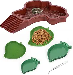 Conjunto de 5 tigelas de água de tartaruga para répteis de piscina com rampa de folha e manga pratos de comida de répteis em forma de tartaruga acessórios para lagartos de tartaruga, alimentação de