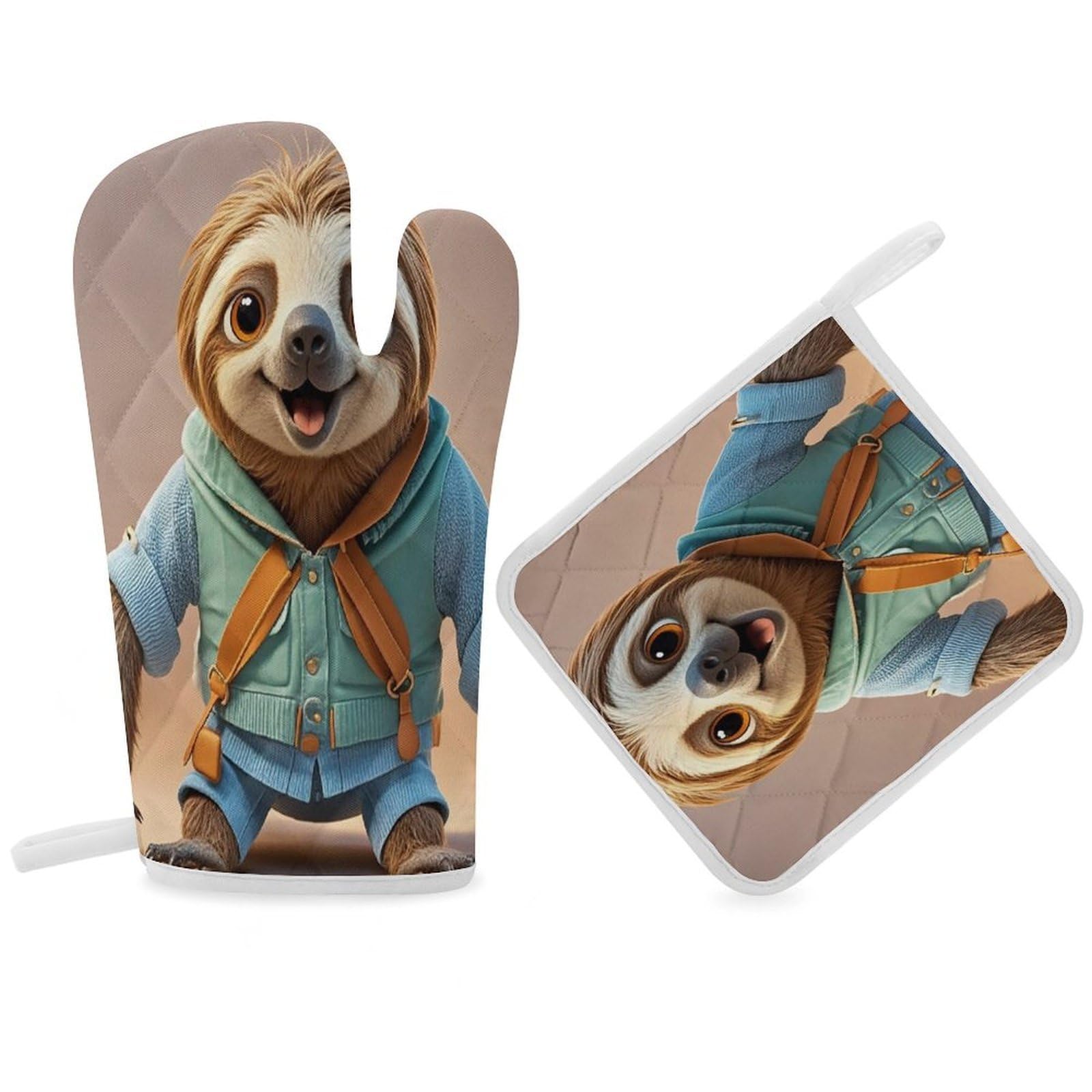 Cartoon Funny Sloth Oven Mitt Gloves and Heat Insulation Pads Double-Layer Thickened Heat Insulation Mitt Temperature Oven Gloves for Cooking Baking Grilling