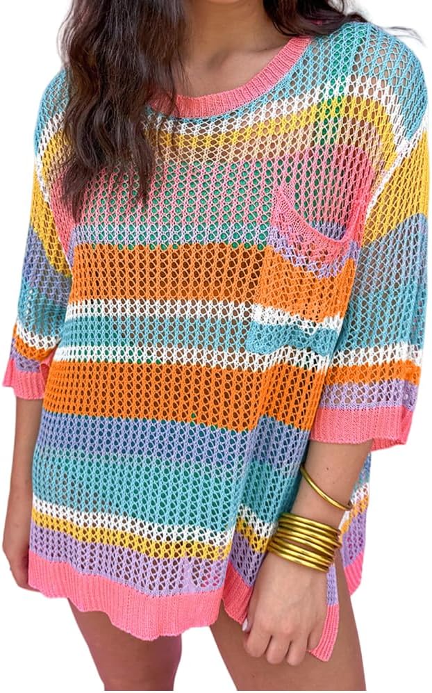 Womens Fashion Sweater Top Casual Crochet Short Sleeve Hollow Out Sweater Pullover Knit Tops Summer Outfits