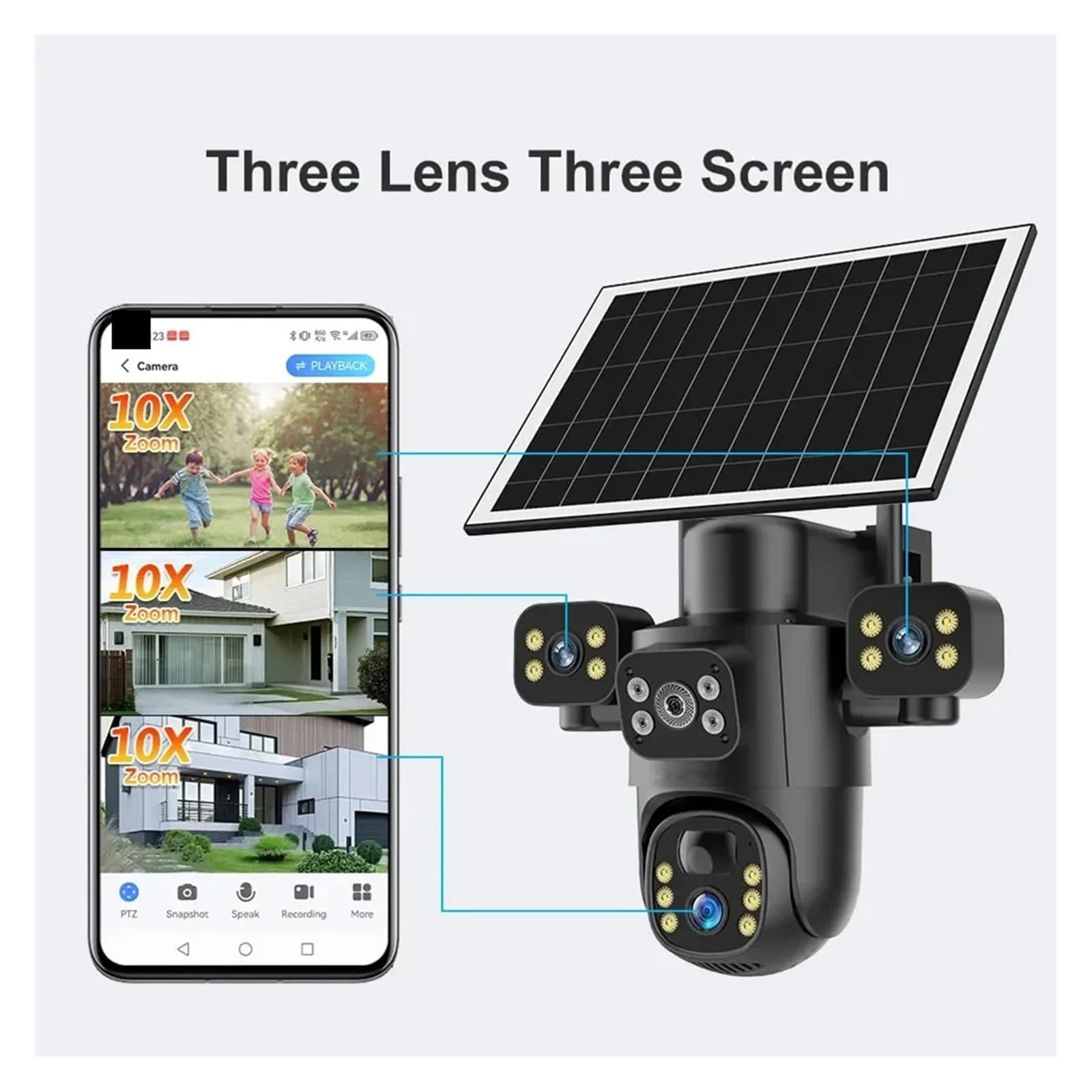 Security Camera, Cámara Solar PTZ WiFi de 6 MP con Tres Lentes y Pantallas, Seguimiento automático, IP 4G for Exteriores, protección Seguridad, vigilancia CCTV(4G Camera No Card)