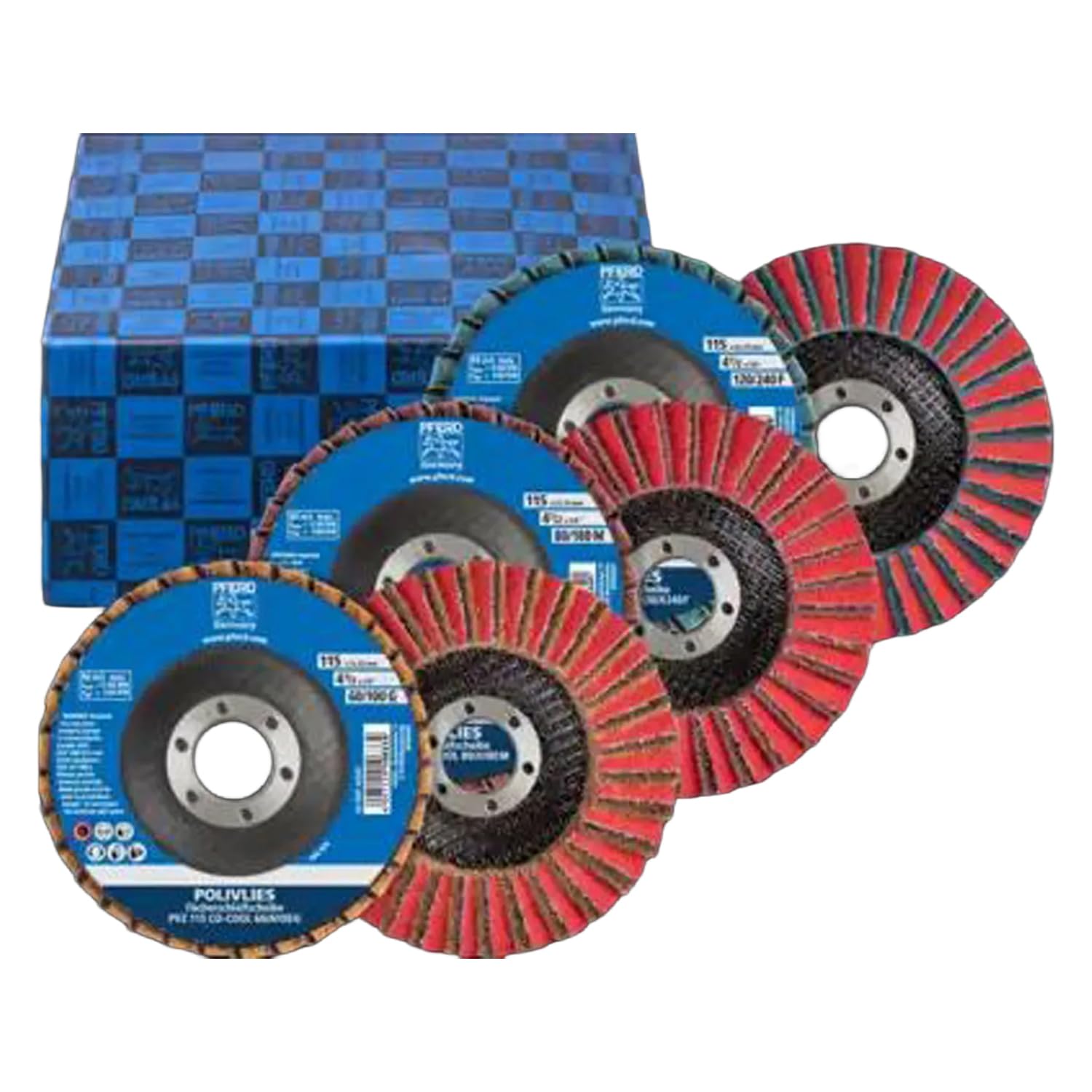PFERD POLIVLIES - 44698008 - Lot de disques à lamelles PVZ en céramique - Diamètre : 115 mm - Largeur : 18 mm - Alésage : 22,23 mm - Abrasif CO-COOL - Taille du grain 60/G, 80/M, 120/F - Pour ponçage