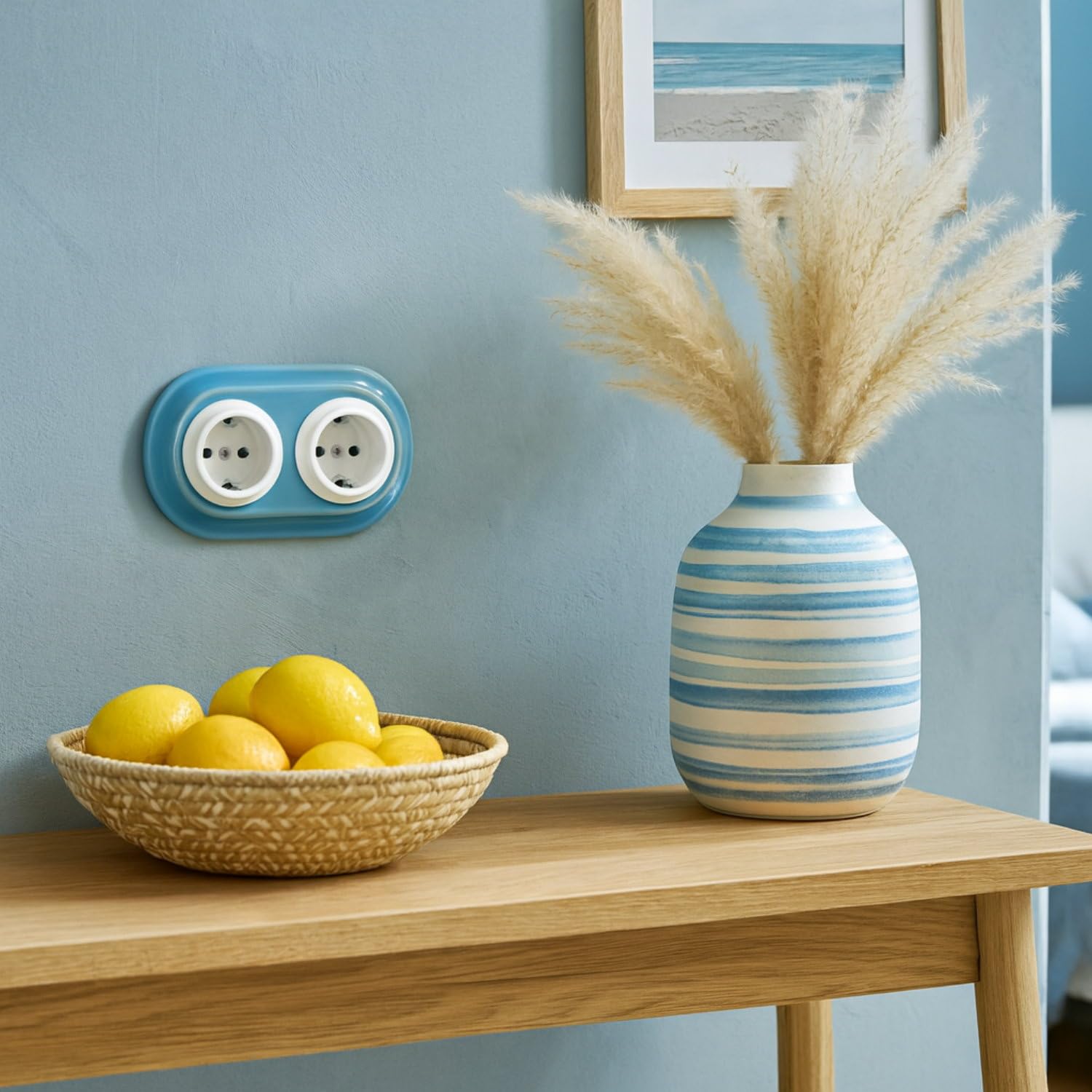 Unterputz Porzellan Retro Steckdose 2-fach, All-in-One, Serie PR1 blau