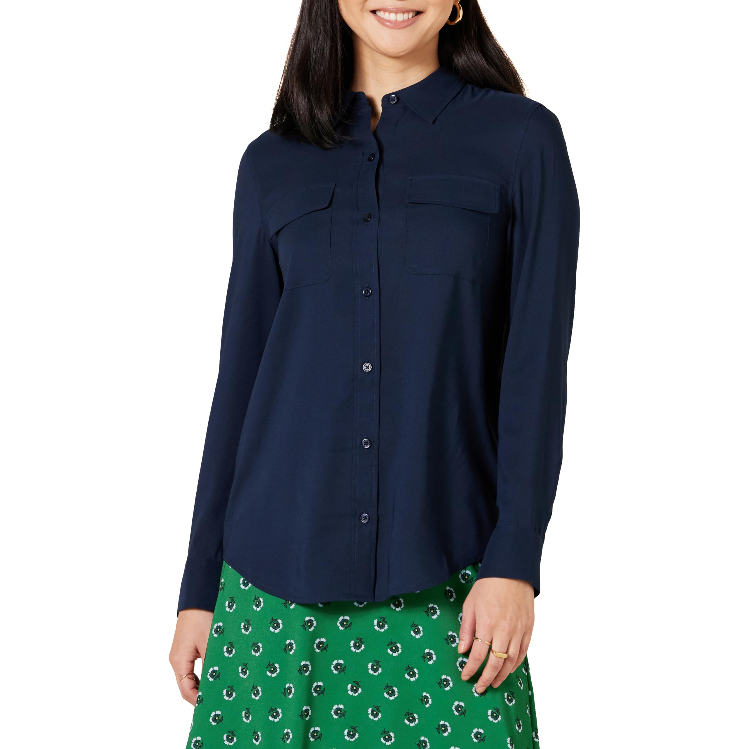 Amazon Essentials Damen Langärmliges Hemd aus Georgette mit Taschen und lockerer Passform, Marineblau, XS