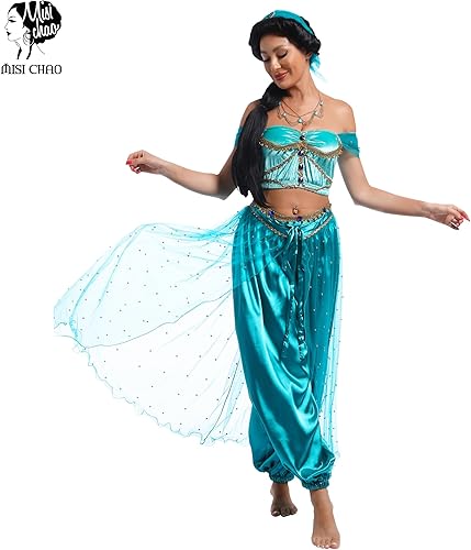 Miniatura 2 de MISI CHAO Disfraz de princesa jazmín para danza del vientre, disfraz de Aladdin para Halloween, color verde azulado para mujer