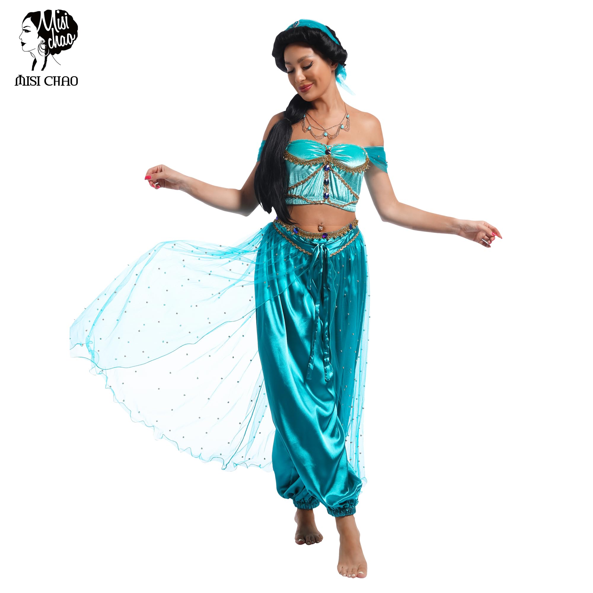 MISI CHAO Belly Dance Princess Jasmine Costume - Aladdin Halloween Outfit Princess Costumes Teal for Women