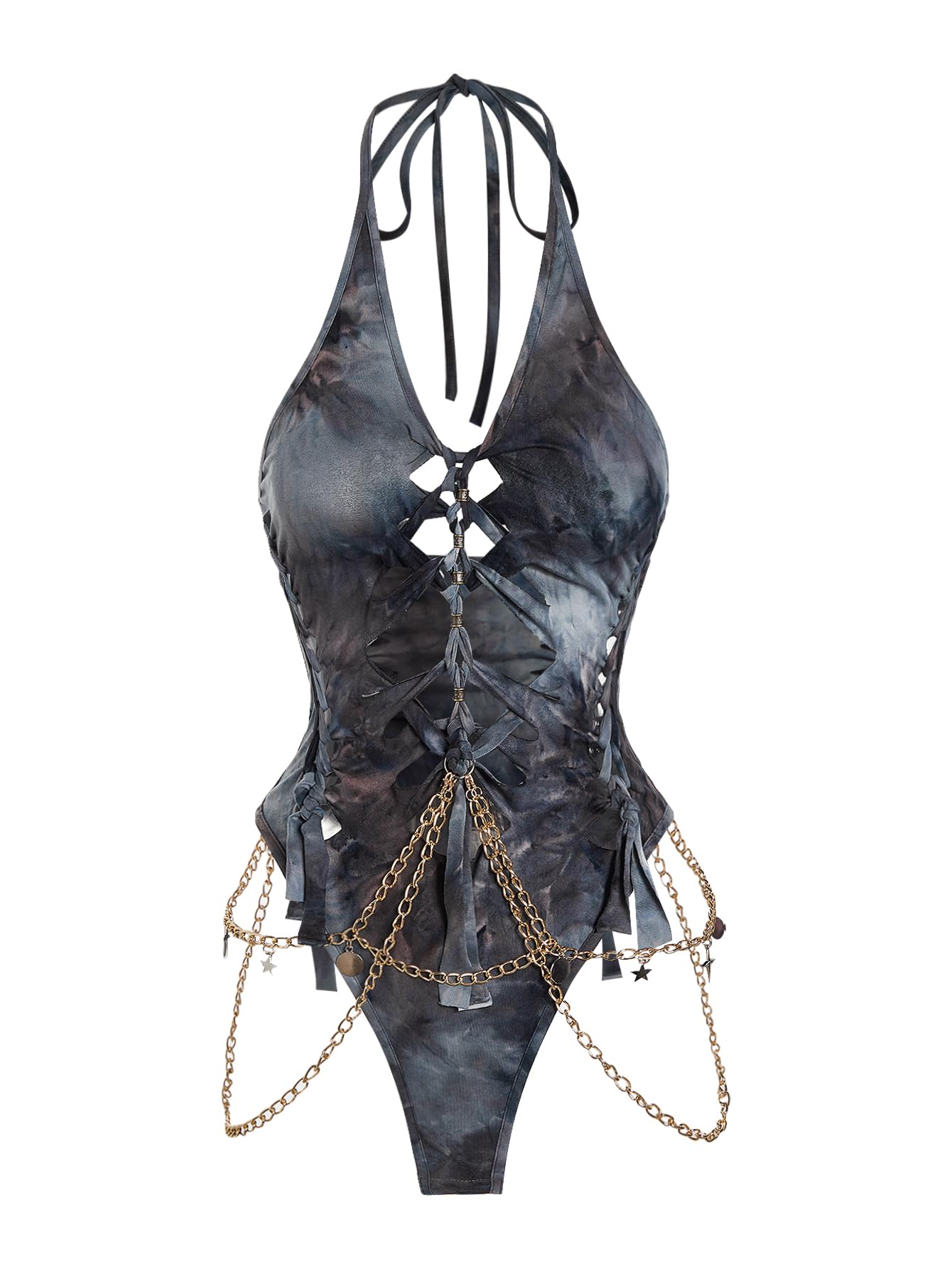 floerns Women's Gothic Cut Out Lace Up Bodysuit Going Out Halter Neck Rave Body Suits-picture-17