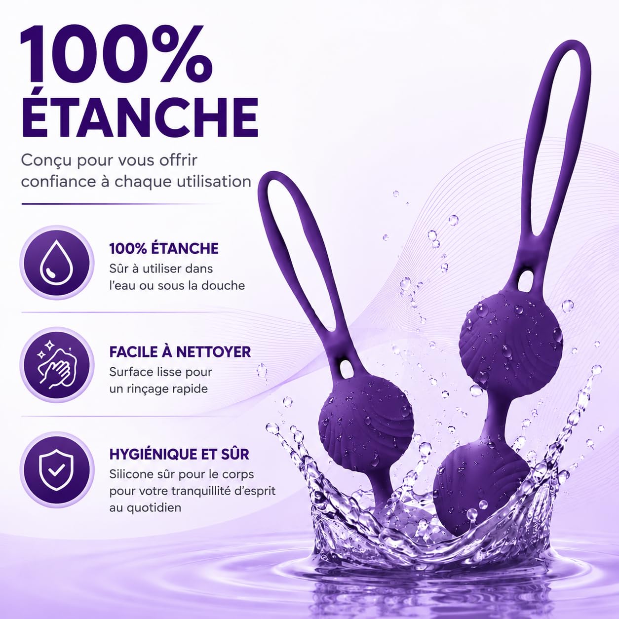 Boules de Geisha Medical Silicone pour Exercices de Plancher Pelvien - 3 boules évolutives-Intimité Accrue Avec Des Muscles Pelviens Plus Forts (La couleur violette)