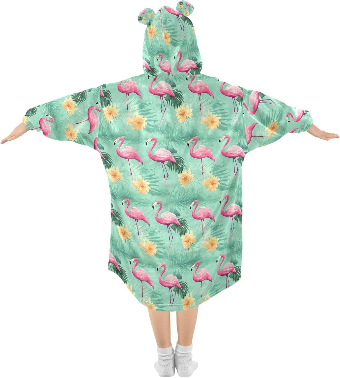 Pink Flamingo Flowers Kids Wearable Blanket Hoodie with Pocket and Sleeves for Toddlers, Cute Hoodies Girls B0403750