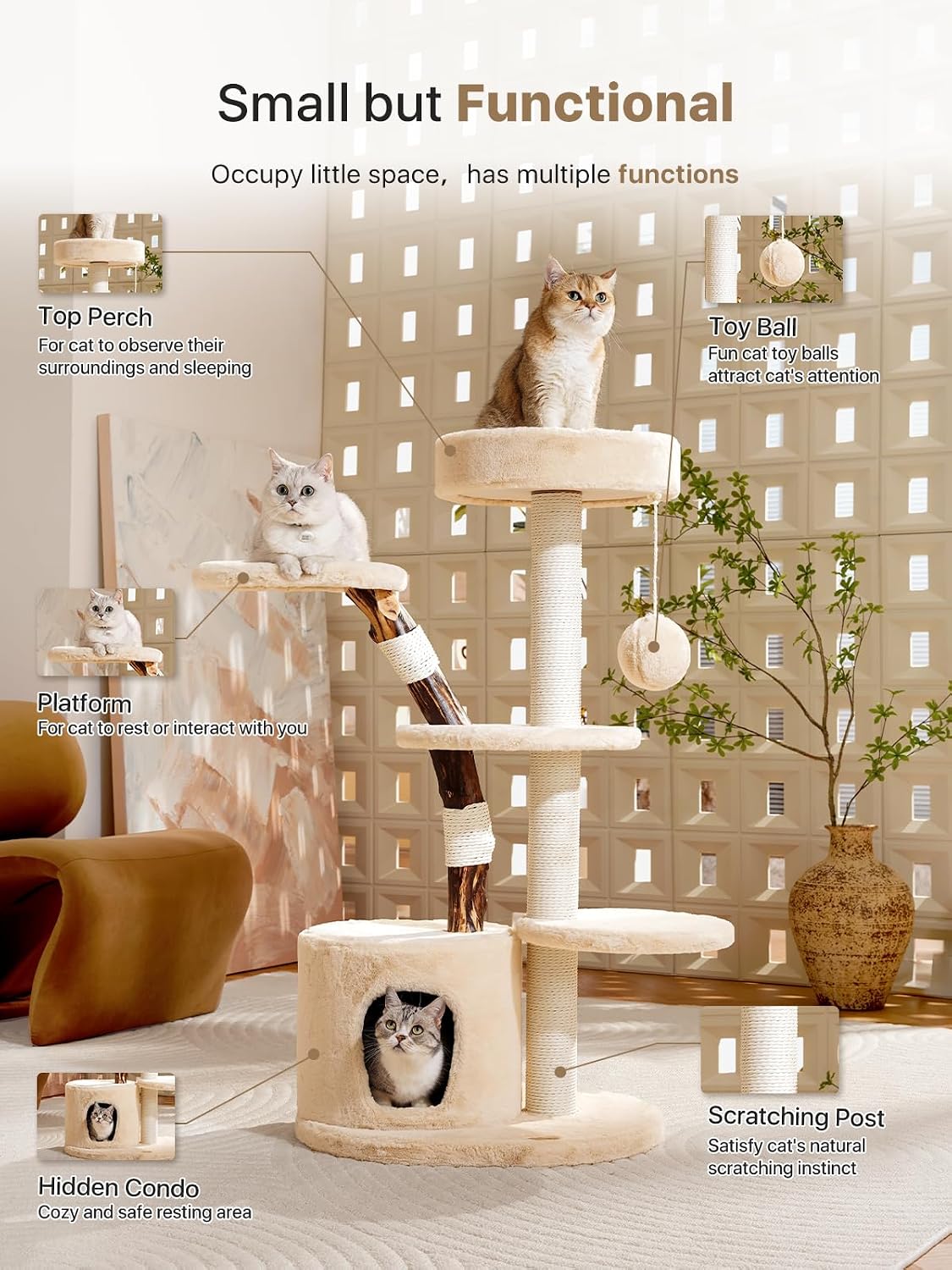 review Small Modern Unique Aesthetic Cat Tree for Indoor Cats Large Adult,46 Inches Tall Natural Real Wooden Cat Tree with Scratching Post,Condo,Perch,Senior Luxury Sturdy Cat House,Cat Furniture