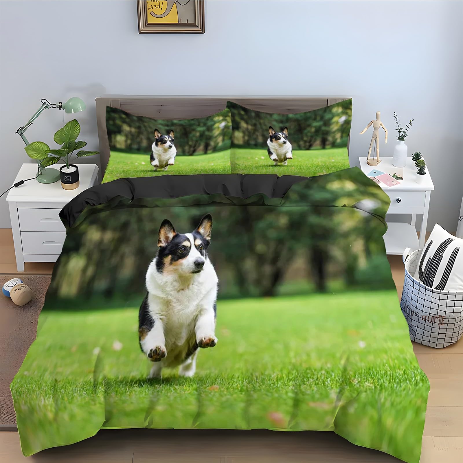 Parure de lit 90x190 Corgi anti-plis en microfibre avec fermeture éclair pratique