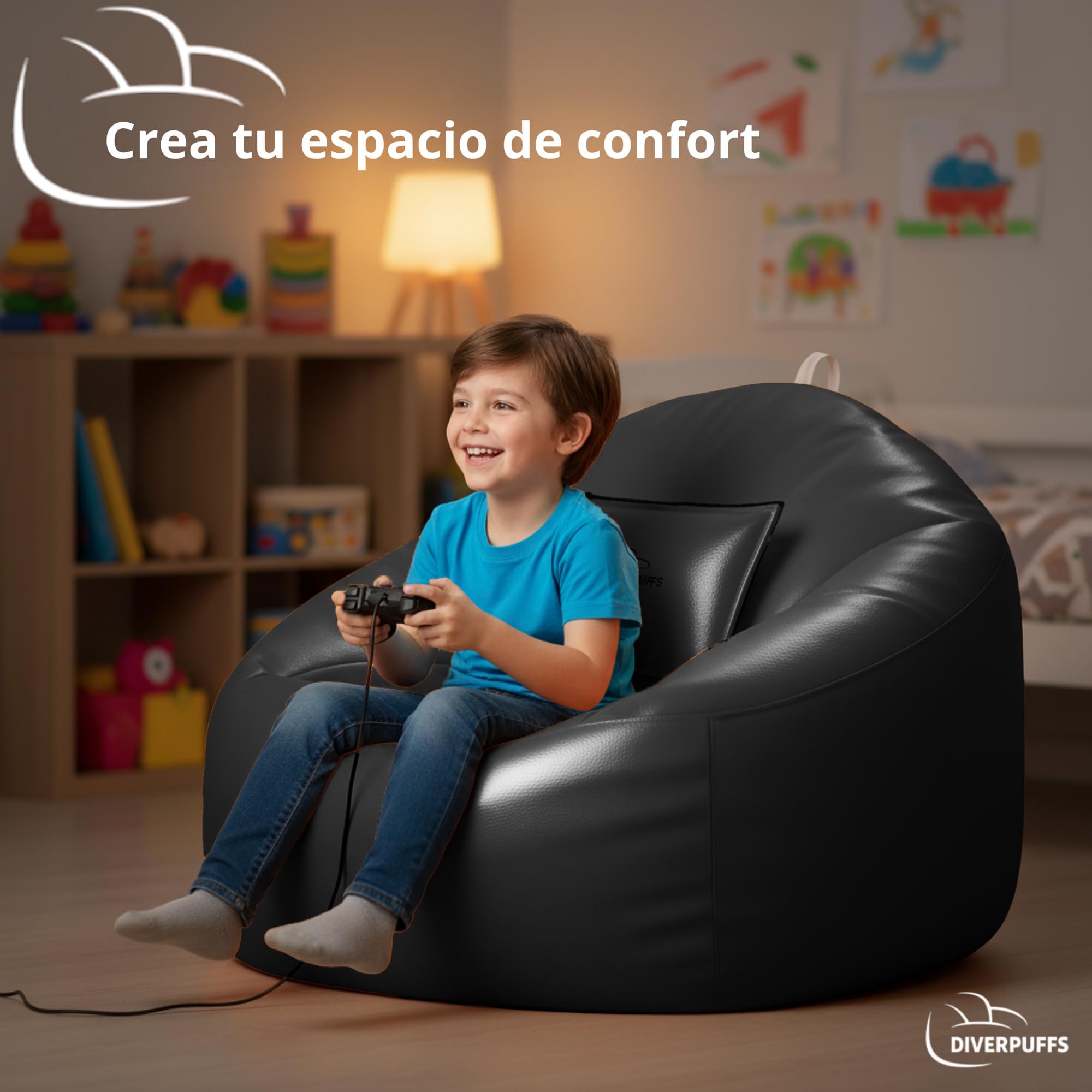 Puff Redondo Negro Pélota Bean Bag XXL Polipiel con Relleno Y Cojín Incluido Elegante y Comodo Resistente Waterproof Uso Interior Exterior Habitación Infantil Gamer Sala Juegos Salón