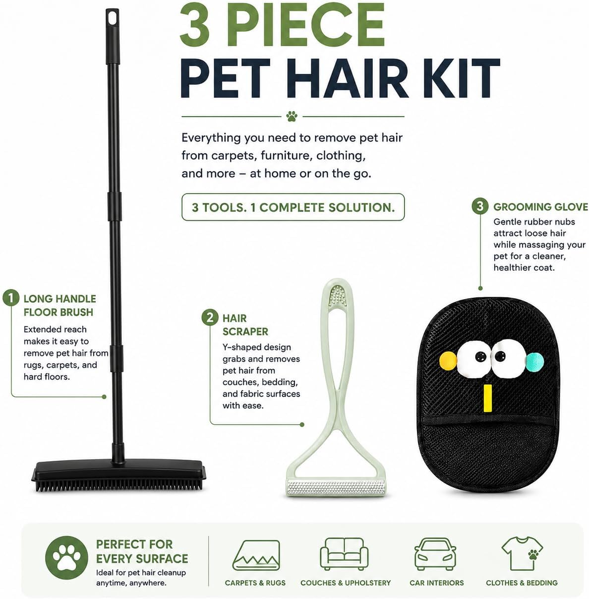 GOOGO Carpet Rake for Pet Hair Removal - 3 in 1 Reusable Pet Hair Removal Tool Kit, 50" Adjustable Long Handle Carpet Rake, Cat Dog Fur Rakes Scraper Carpet Broom for Carpets, Rugs, Mats