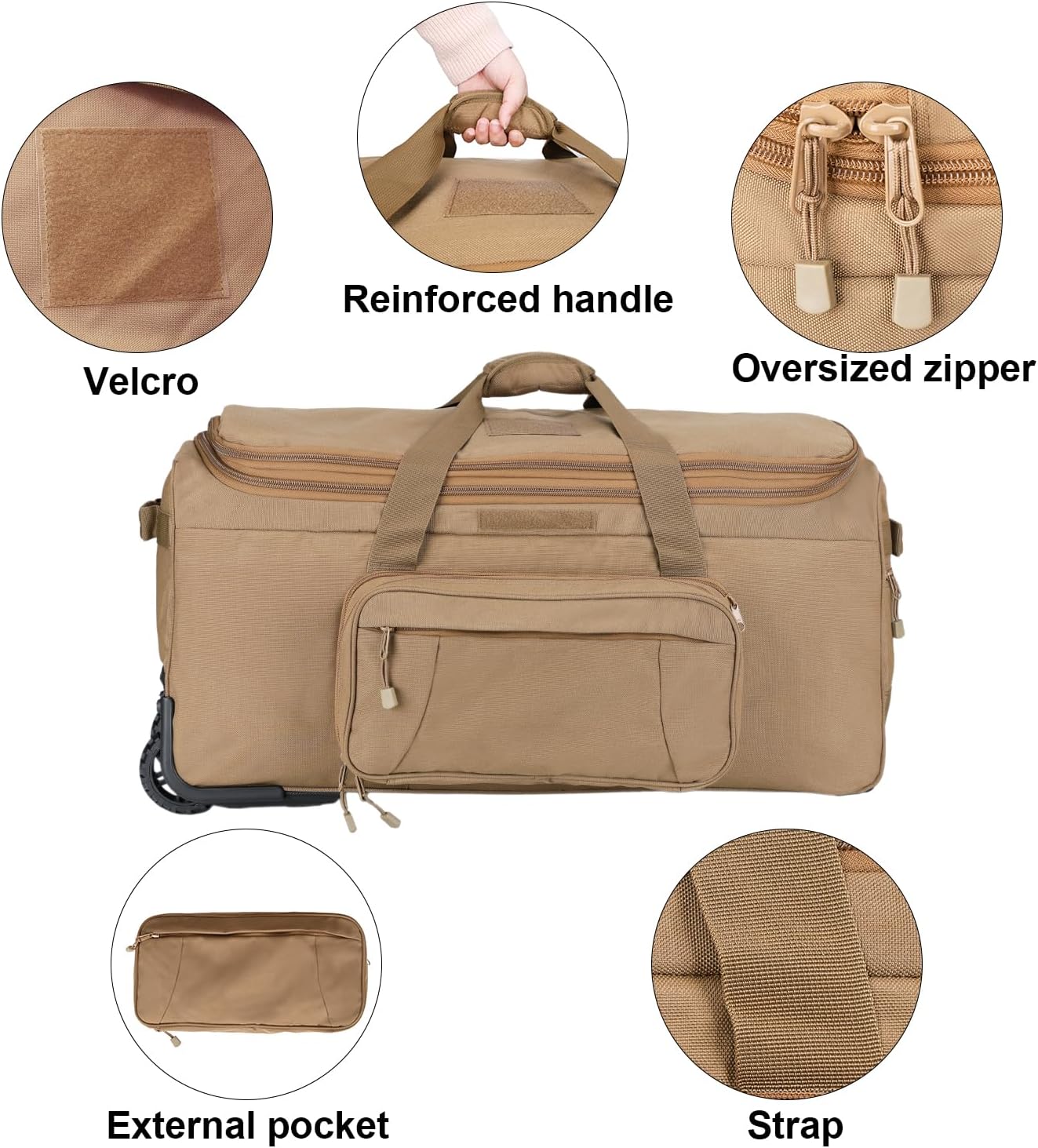 Military Wheeled Deployment Bag Large Tactical Heavy Duty Duffel Bag for Camping Hiking (Tan) - Image 3