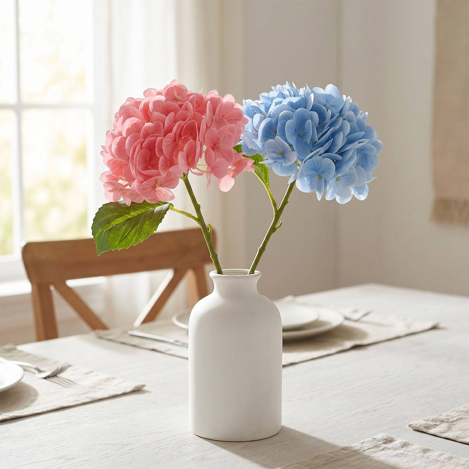 2 Stück Künstliche Hortensien Blumen Real-Touch, Premium Seidenblumen Hydrangea Set, Langstielige Kunstblumen Deko für Vase, Hochzeit, Wohnzimmer, Büro & Tischdeko, 31cm (Dunkelrosa & Hellblau)