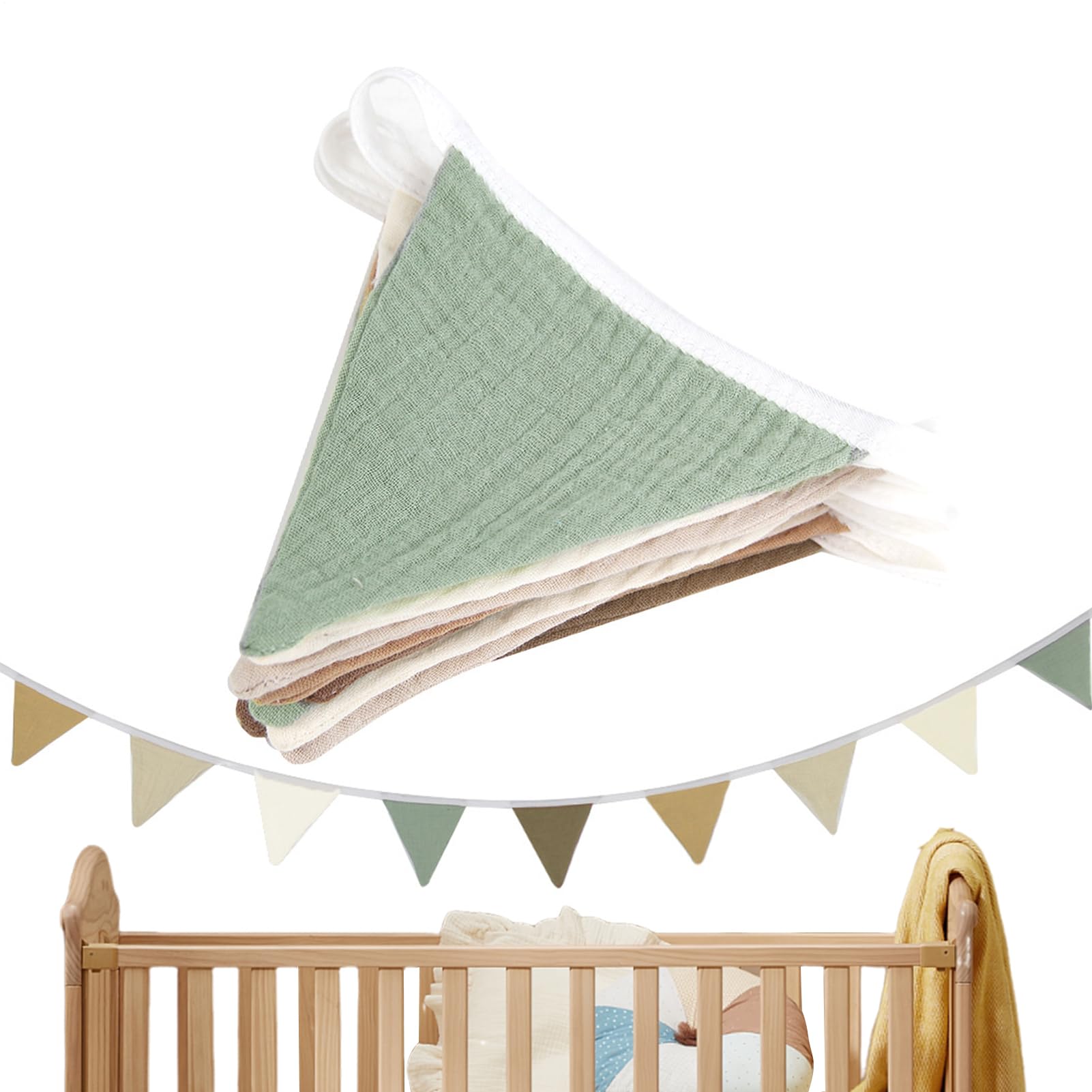 Aznever Morandi Green Triangle Flag Banner - Nursery Bunting Banner Flags,Washable Cotton Fabric Triangle Pennant Garlands For Living Room And Bedroom