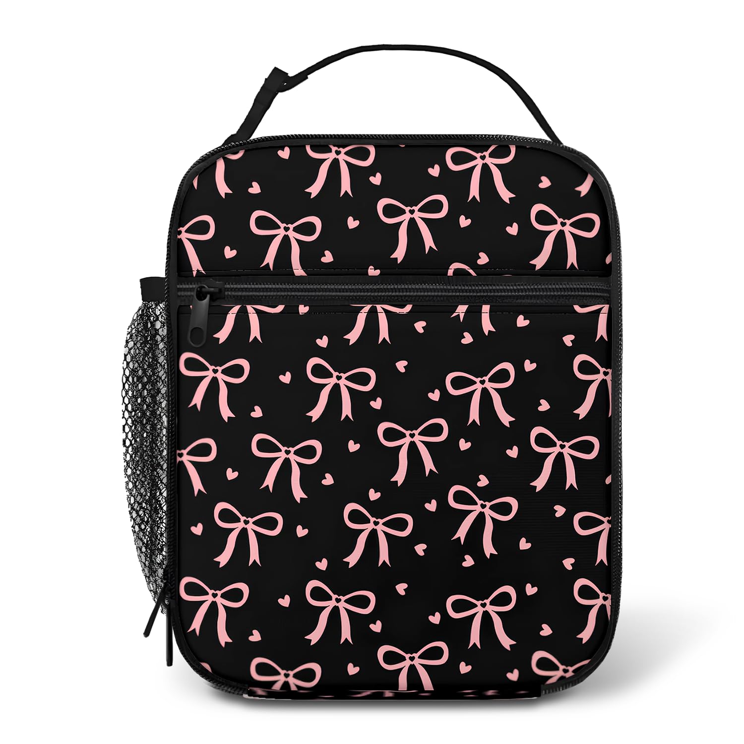 Riveta Insulated Lunch Bag Pink Bow, Cute Lunch Box Bag for Women Girls, Portable Cooler Bag with Side Mesh Pocket, Reusable Leakproof Thermal Lunchbox for School Work Beach Picnic Travel (Black)