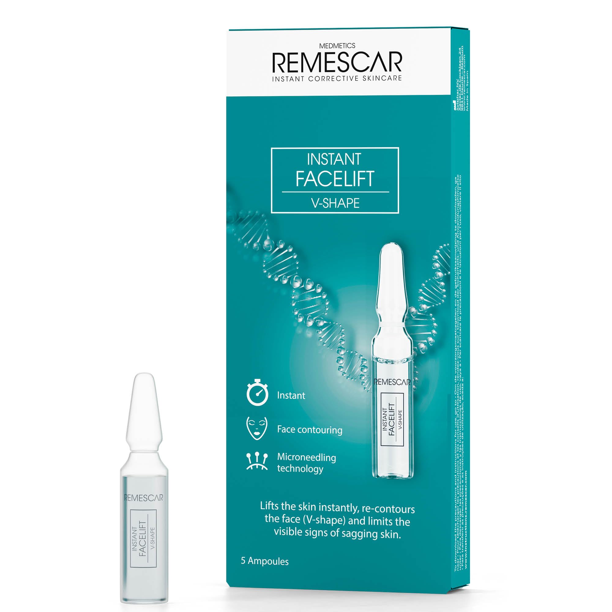 Remescar Instant Facelift V-Form 5 Ampullen – Sofortiges Anti-Aging Serum für Gesicht – Microneedling Serum für Straffung & Faltenreduktion – Kollagen-Booster – 5-Tage Behandlung