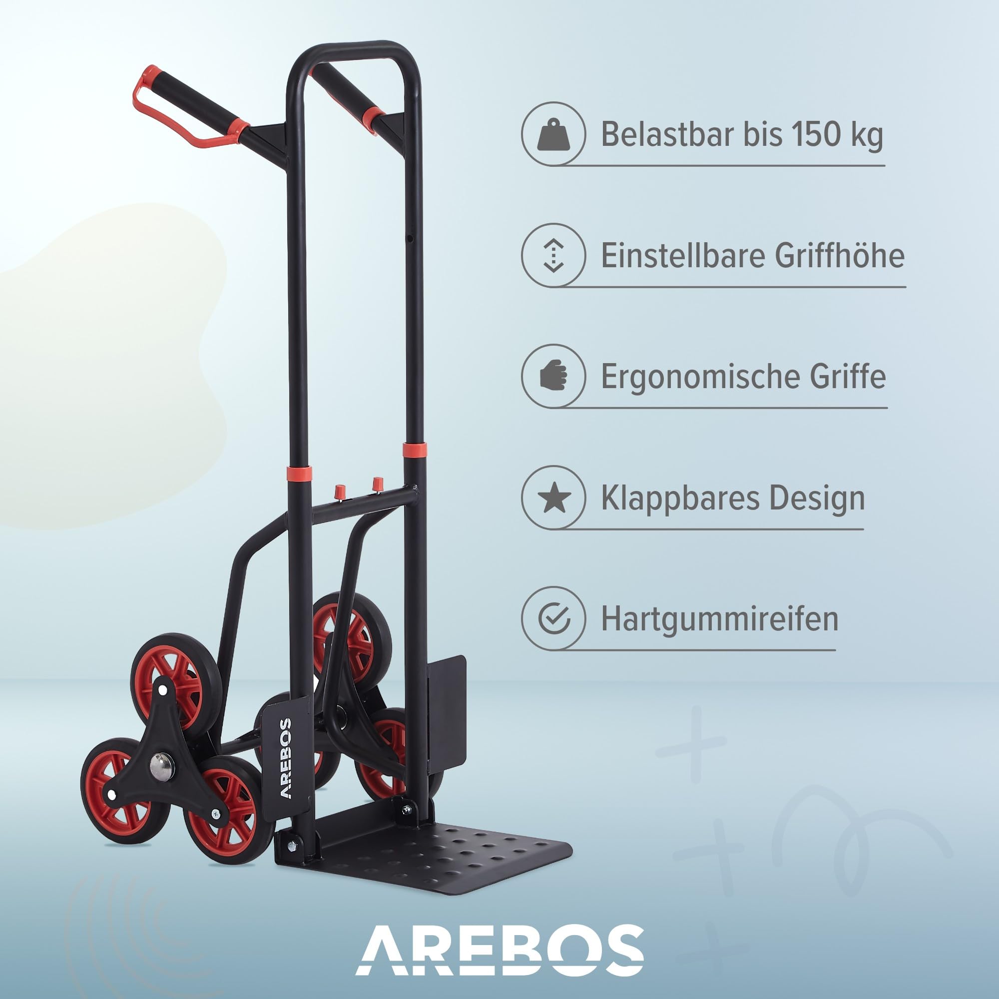 Arebos Treppenkarre Sackkarre | Treppensackkarre klappbar | Treppensteiger mit Hartgummireifen & Stahlrahmen | Transportkarre Staplerkarre | Transportwagen für Umzug & schwere Gegenstände | Schwarz