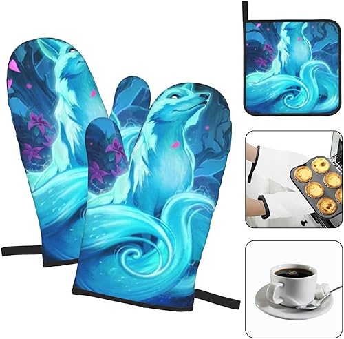 Miniatura 5 de Magic Blue Fox Oven Mitts and Pot Holder Sleeve - Heat Resistant Kitchen Non-Slip Print Grip Oven Mitts Microwave Barbecue Cooking Baking Barbecue