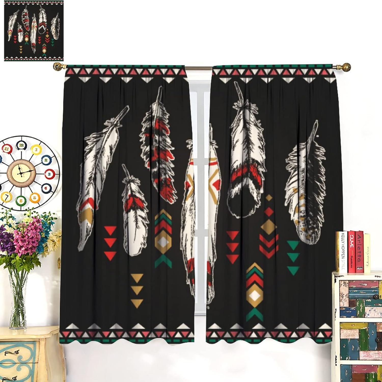 Tribe Feather Kitchen Curtains,Native American Indian Vintage Aztec Ethnic Style Window Treatments for Bedroom Living Room Café Window Drapes 2 Panels Set Total Size 42 x 45 Inch - Image 3