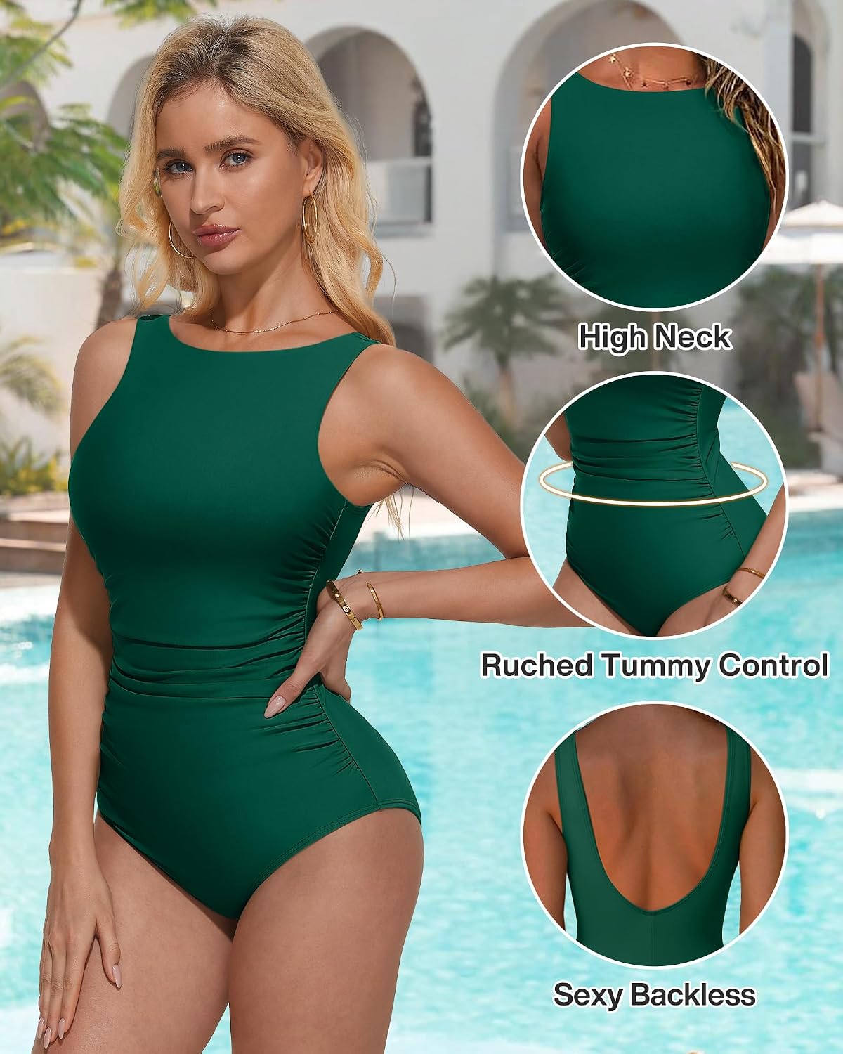 suuksess women one piece ruched swimsuit tummy control backless bathing suit medium green