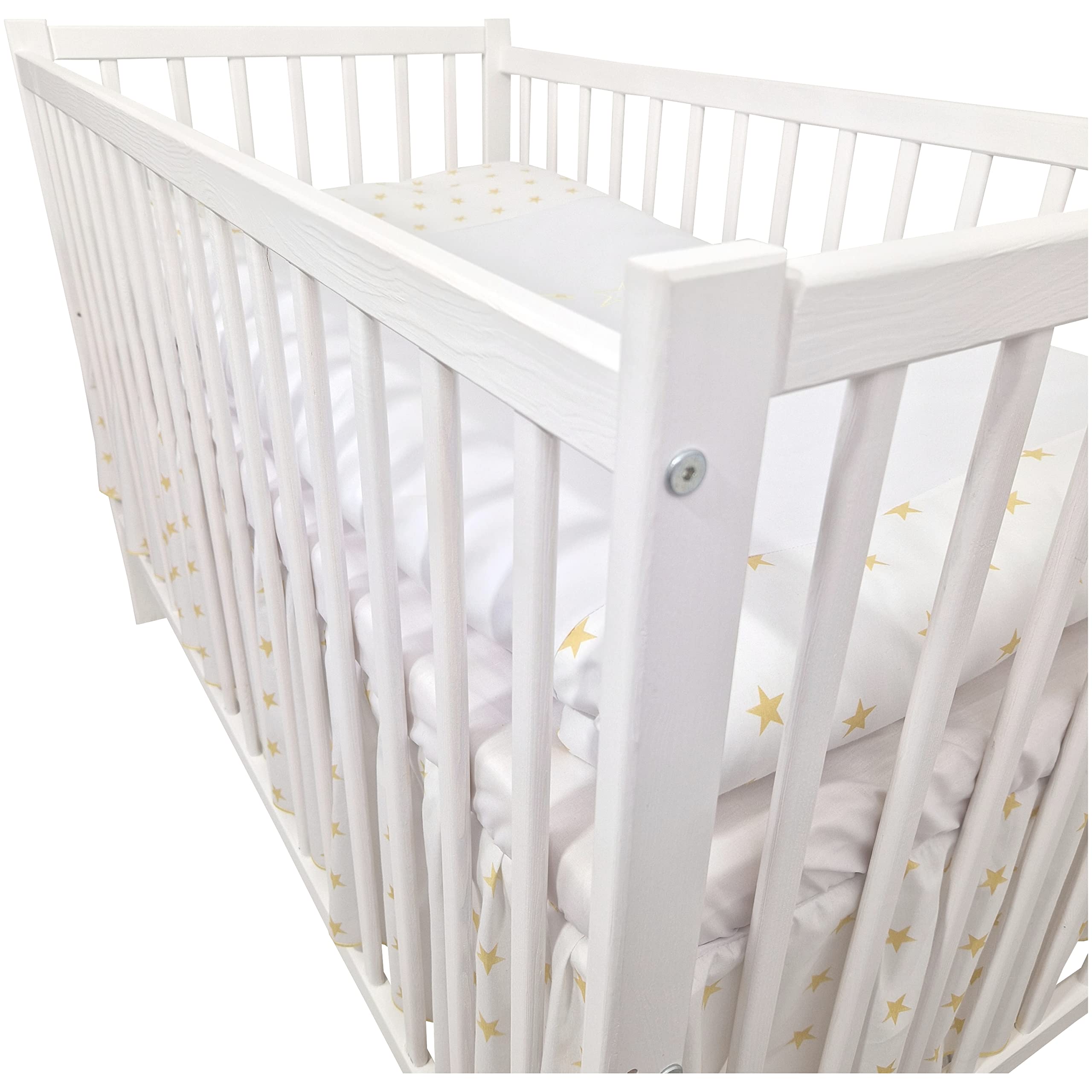 Juego Completo de 16 Piezas de Cuna y Ropa de Cama Happy Leo Incl. colchón Regulable en Altura para recién Nacidos y niños pequeños de Madera Maciza (Osito Luna Estrellas Doradas)