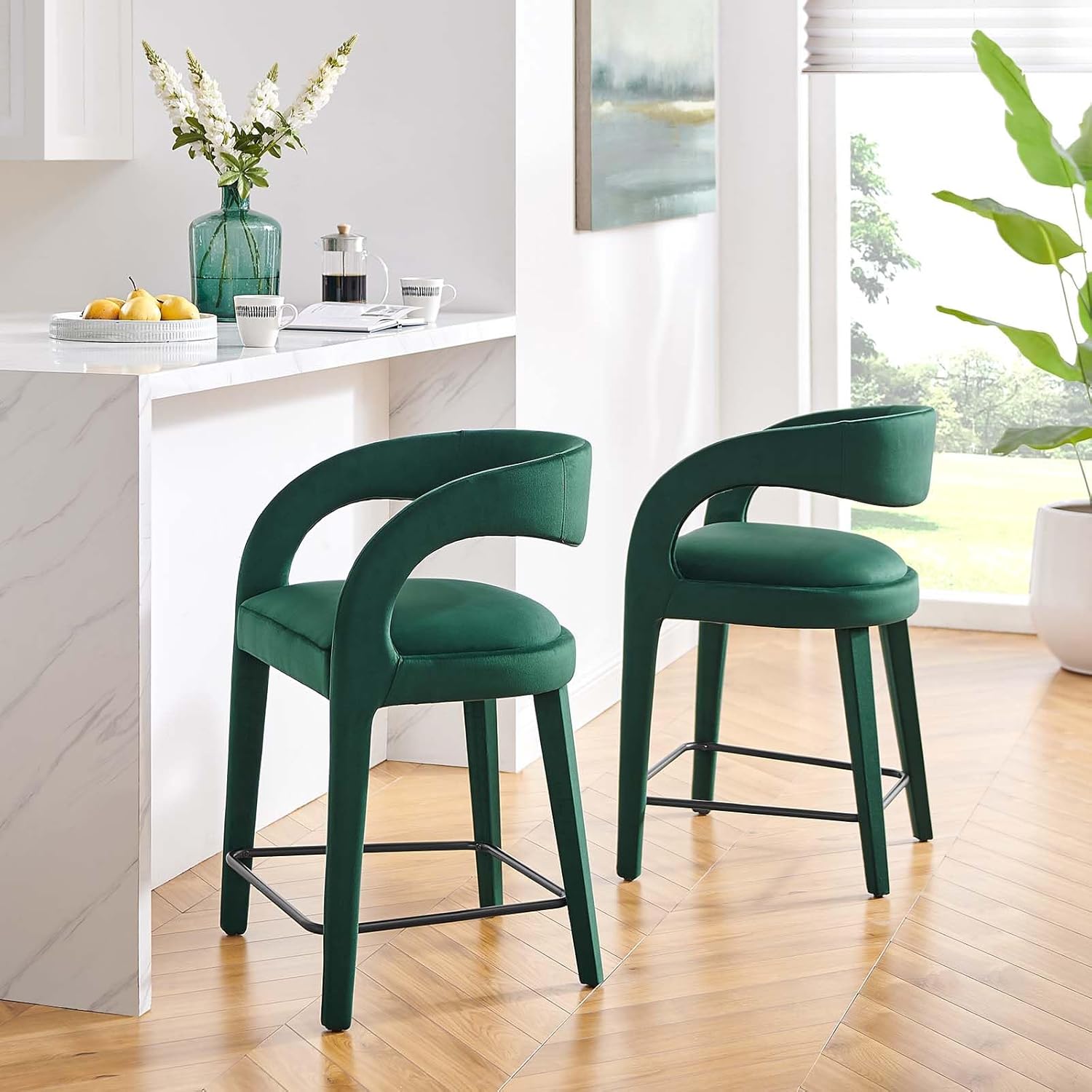 Modway EEI-6566-GRN-BLK Pinnacle Performance Velvet Counter Stool Set of Two, Green Black