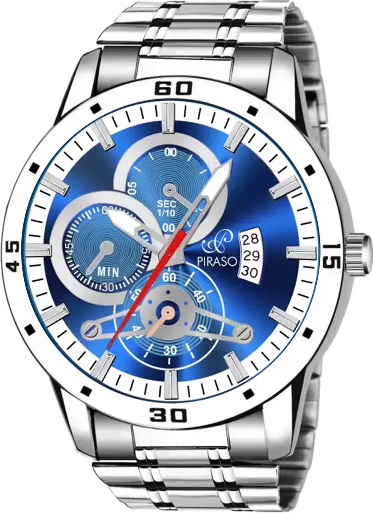 PIRASO Analog Watch Date Display Blue DIAL and Silver Chain (Watch for Men)