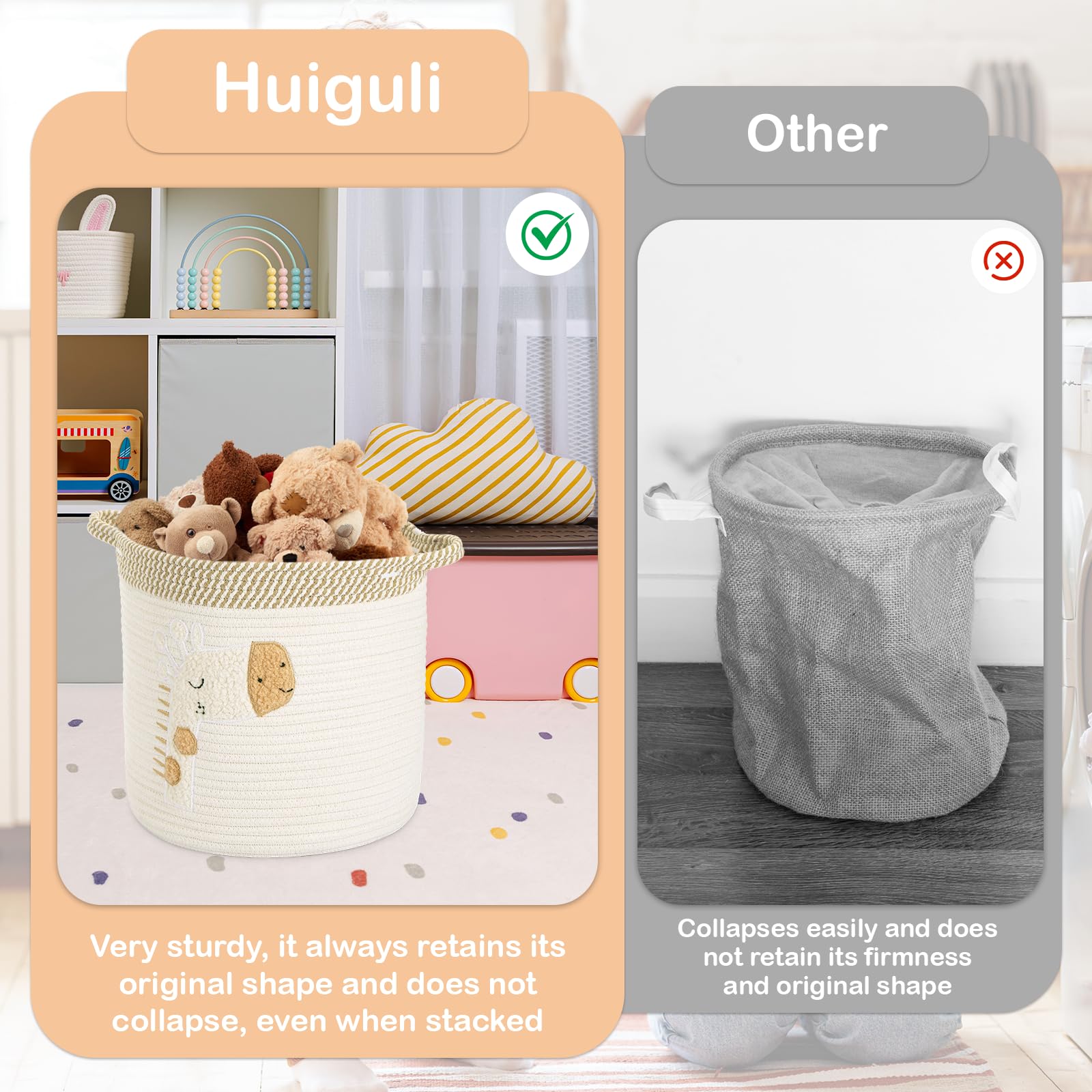 Grand Panier Rangement pour Jouets, Coton Panier Corbeille A Linge avec Poignées pour Couverture, Panier Corde de Coton Fabriqué, Girafes Beige 30x30cm