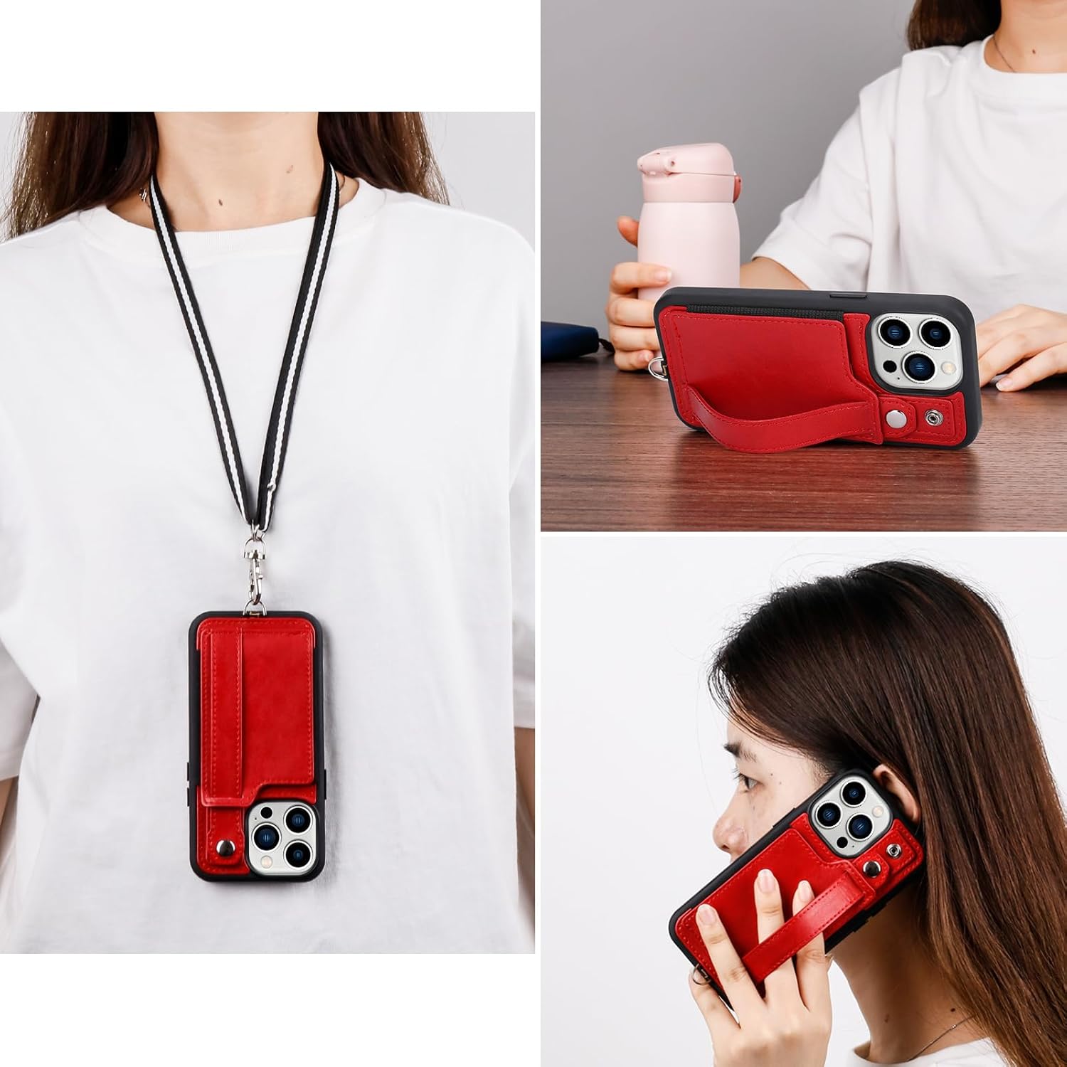 TOOVREN Phone Cover Compatible with iPhone 15 Pro Max Case with Wallet Strap Card Holder Stand Leather Cover Fits iPhone 15 Pro Max Wallet Case Lanyard for Women & Men 6.7 Inch Red - Image 6