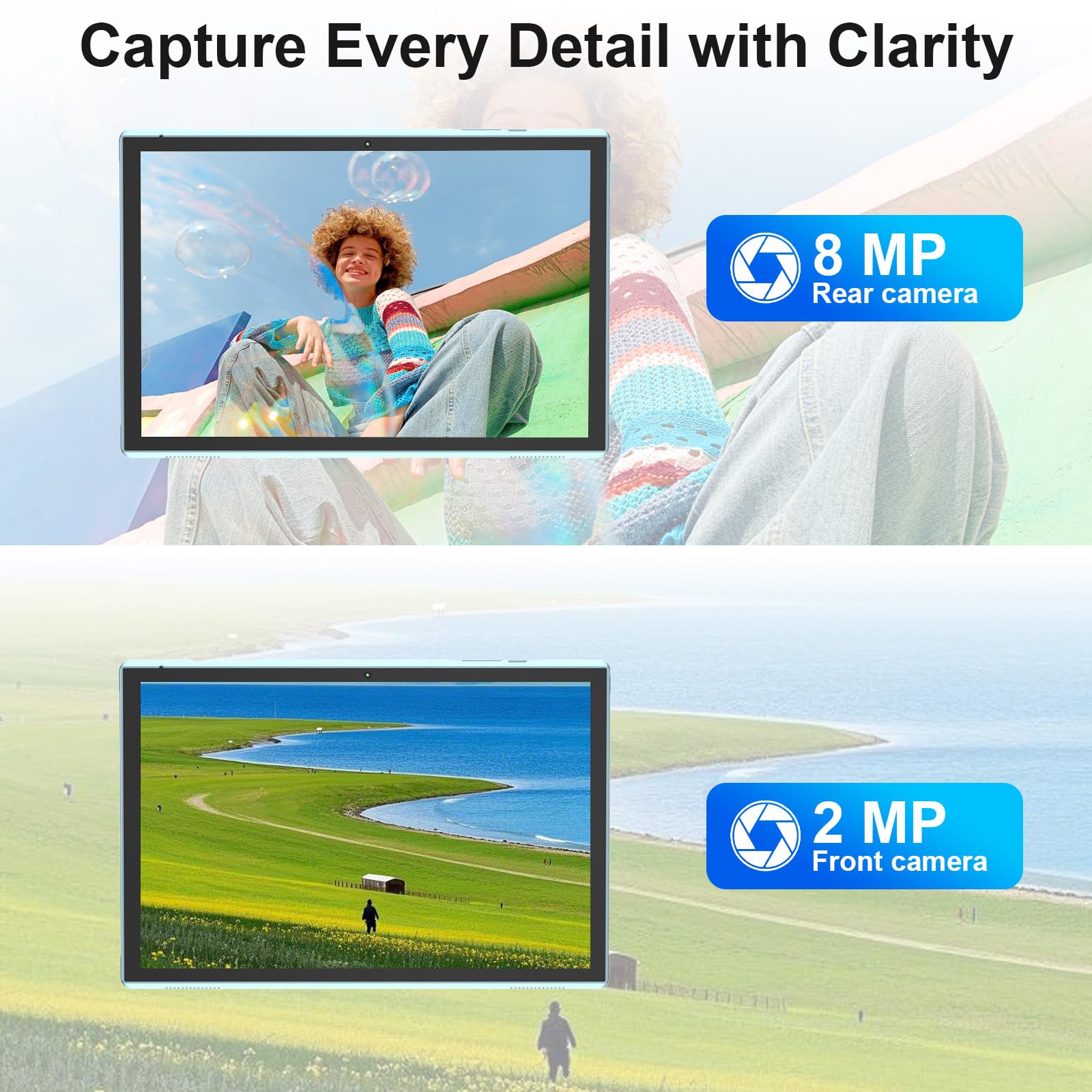 Tablette 2 en 1 Android 14 tablettes avec clavier 10", étui avec stylet souris, film trempé, tablette 6 000 mAh, 6 Go + 32 Go de ROM, tablette extensible 1 To, double caméra 2 MP + 8 MP, WiFi BT