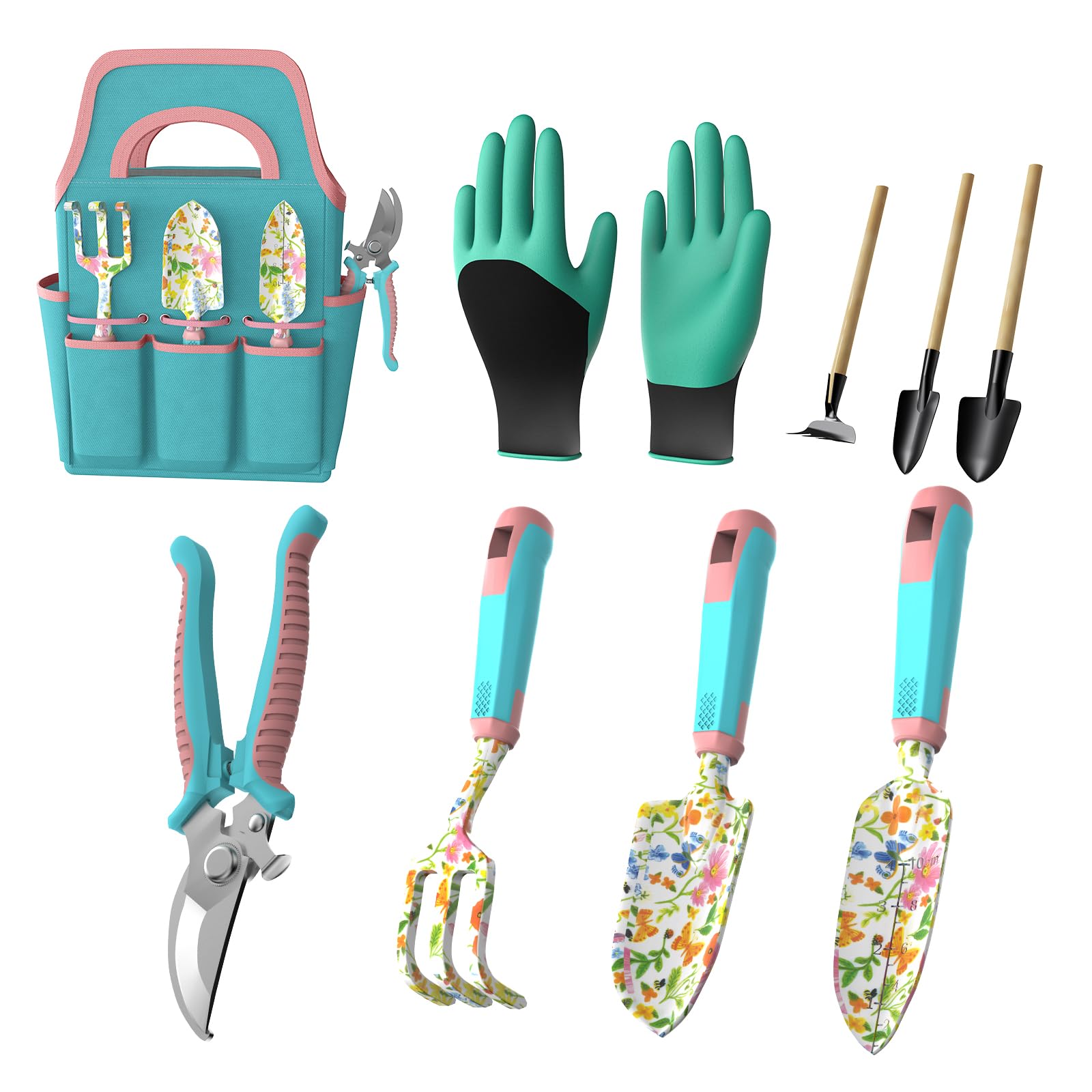 Set di 9 attrezzi da giardinaggio, utensili a mano in lega di alluminio, con borsa da giardino, set di attrezzi per esterni robusti con impugnatura ergonomica