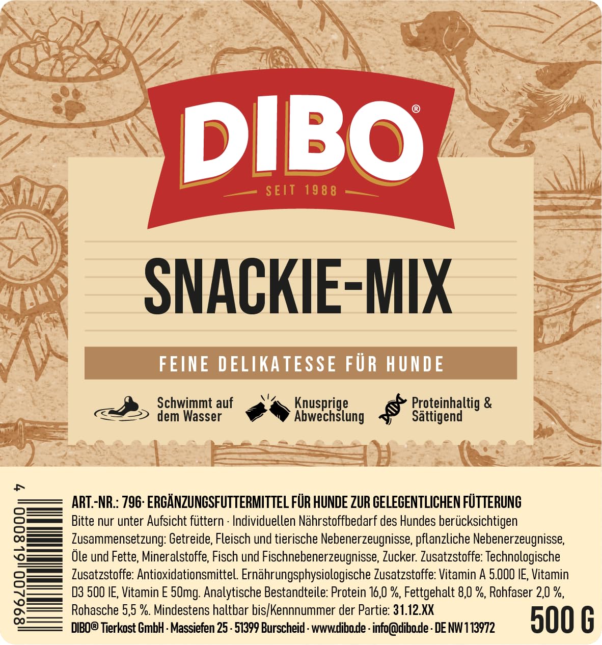 Mix di snack da 500 g, prodotti da forno come dieta sana e naturale per cani di DIBO, cibo per cani, barf, B.A.R.F