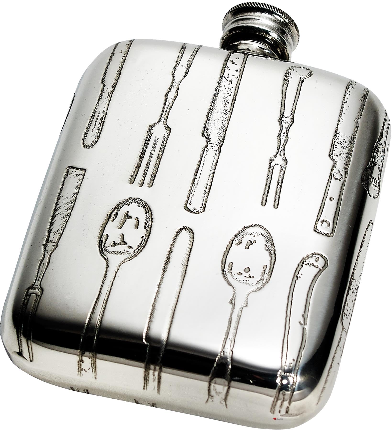Flasque étain 4 oz de poche I LUV LTD un cadeau unique avec motif couverts