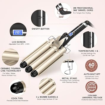Mermaid Hair Waver 32MM for Loose Beachy Waves, AIMERVO 3 Barrel Curling Iron 1.25, 14 Heat Settings up to 210°C Work on All Hair Types, Tourmaline Ceramic Coating, Heats up in 30S,Long&Medium length