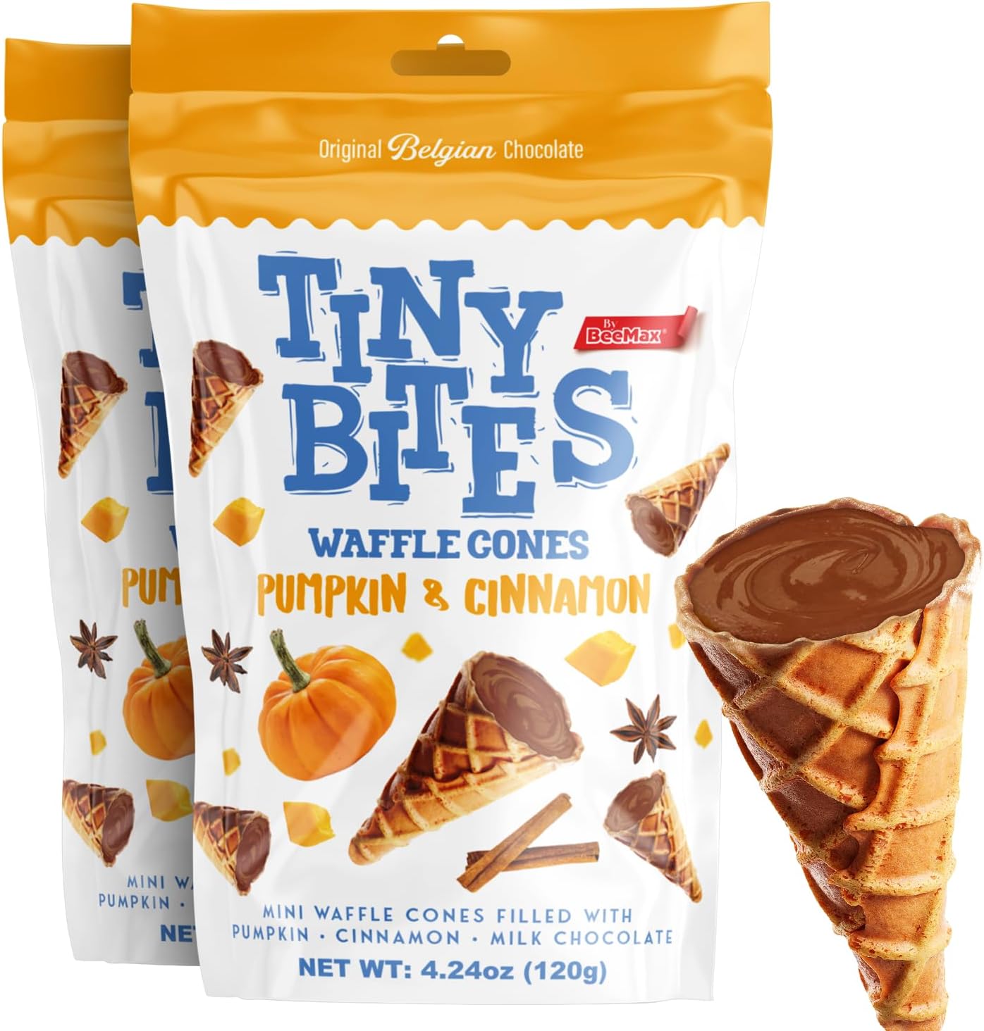 BEEMAX Tiny Bites Pumpkin & Cinnamon Mini Waffle Cones, Blend of Crispy Golden & Belgian Milk Chocolate Bliss, Bite-Size Snack for Dessert or Ice Cream Toppings, 4.24 oz Bag, 2-Pack