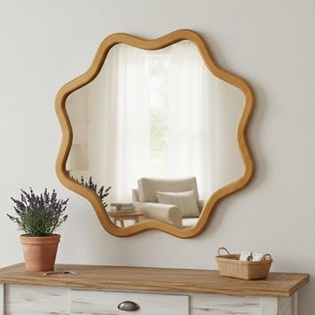 ZIYOO Star Shaped Wall Mirror, Natural Wood Grain Scalloped Edge Decorative Mirror, Boho Accent Mirror for Entryway Bathroom Living Room Bedroom Wood,28"