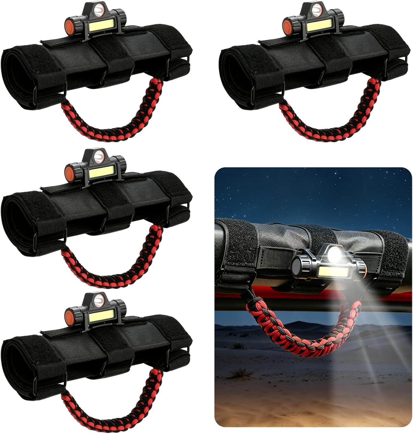 4 Pack Modified Grab Handles with Dome Light & Spot Light, Rechargeable Paracord Car Interior Handle Set with USB Cables, Roll Bar Self-Fastening Grab Handlebars for Off-Road Vehicle Modification