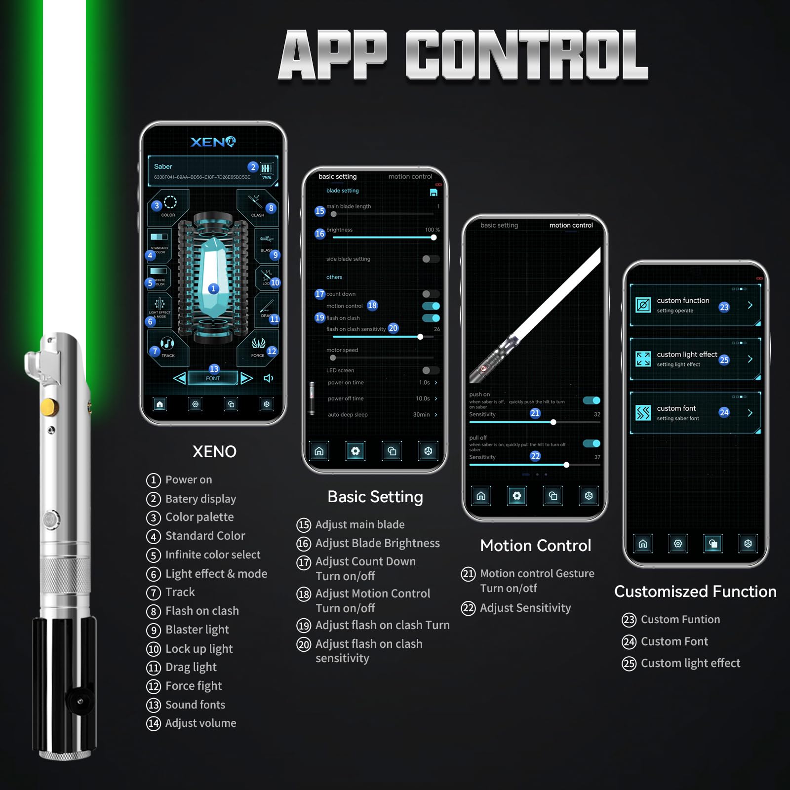 Duell Lichtschwert App Steuerung ANK Lightsaber, RGB 16 Farben 16 Sound Fonts Metallgriff Licht Schwerter für Erwachsene