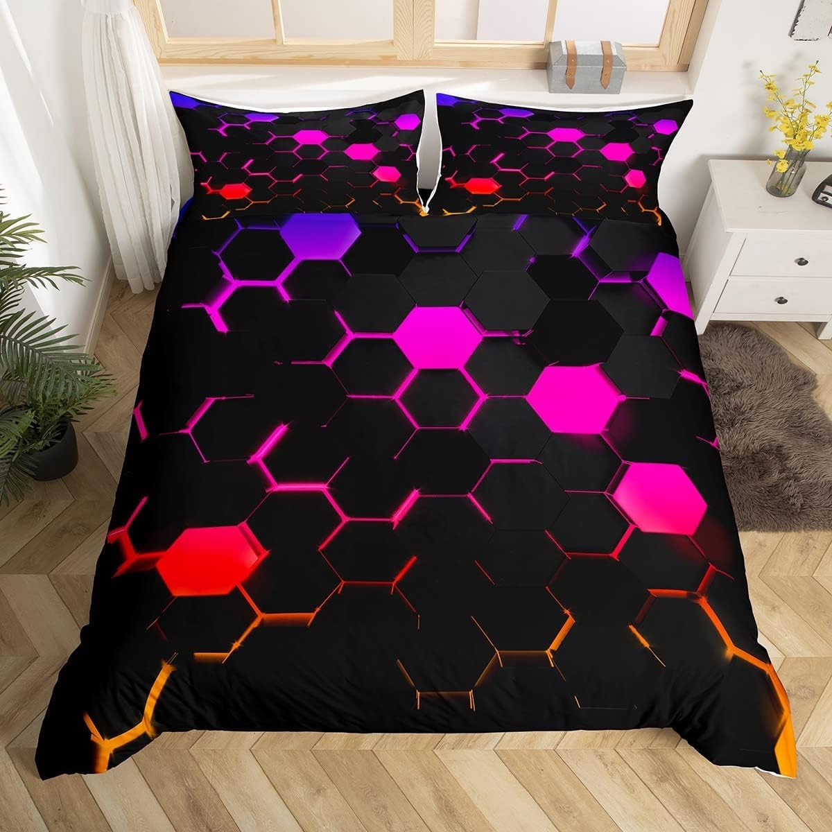 Manfei 3D Geometric Pattern Duvet Cover Set Double Size, Colorful Honeycomb Bedding Set 3pcs for Boys Girls, Fuchsia Ombre Quilt Covers Room Decor for Women,2 Pillowcases, No Comforter