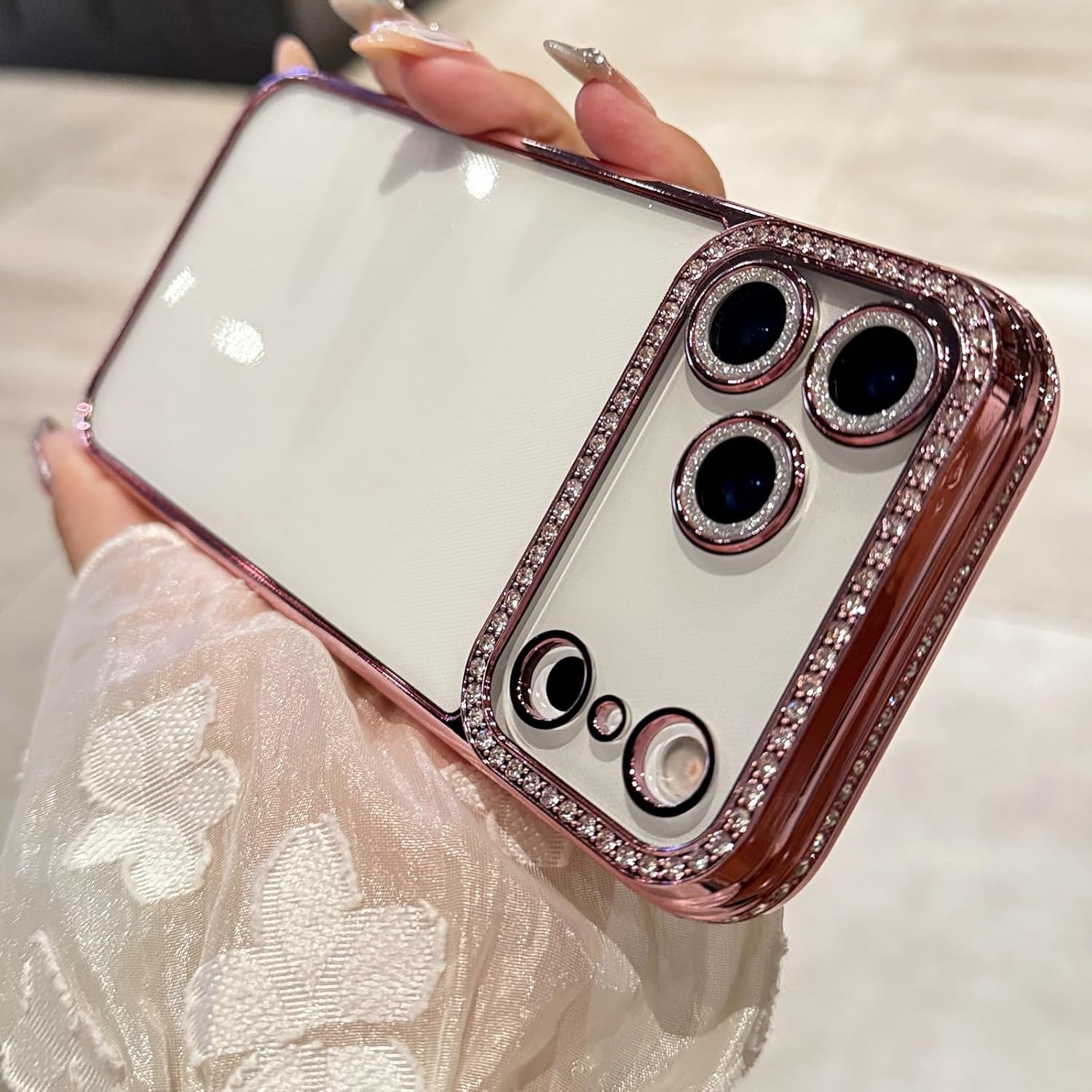 Clear Glitter Case for iPhone 17 Pro, Cute Luxury Bling Sparkly Diamond Rhinestone with Camera Lens Protector TPU Plating Bumper Slim Transparent Women Girls Case for iPhone 17 Pro 6.3",Pink - Image 5