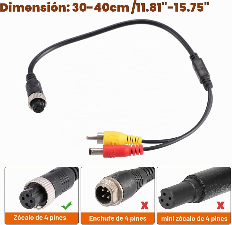 X AUTOHAUX 1 buc. cablu adaptor cameră marșarier auto 40 cm, M12 4 pini mamă la RCA AV DC tată