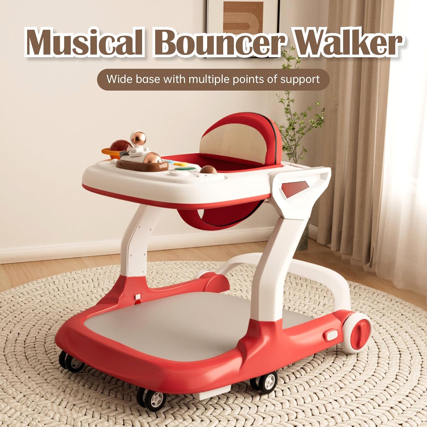 Baby Walker with Wheels Music and Lights with 9 Adjustable Heights Anti-Fall Baby Walker and Bouncer Combo for Boys Girls Babies 6-18 Months (Red and White)