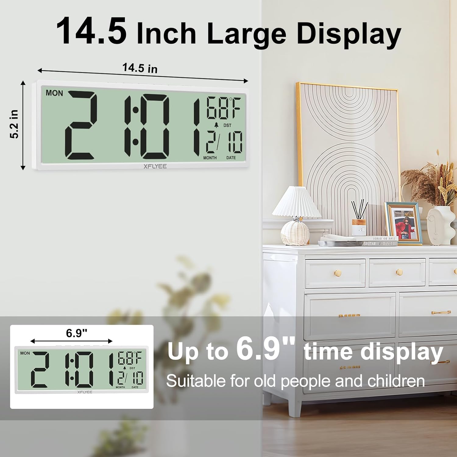 14.5'' Large Digital Wall Clock Battery Operated with Jumbo Numbers, Auto DST, Day, Date, Alarm, Temperature for Living Room, Bedroom, Desk Decor, Gift, LCD Screen Display Easy to Read and Set