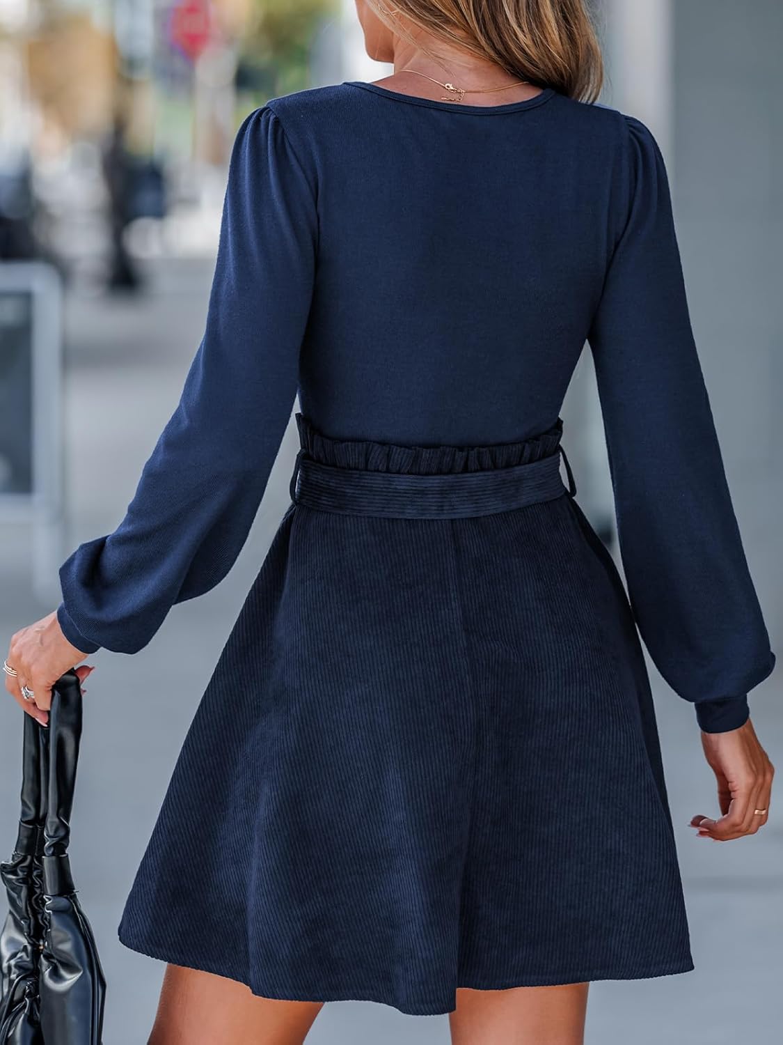 CUPSHE Women's Fall Dresses Corduroy Belted Tie Waist Long Sleeve Round Neck Casual A Line Mini Dress - Image 2